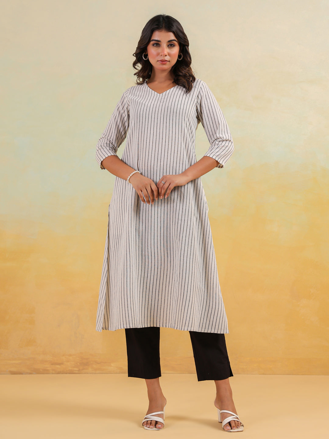 Janasya Light Cotton Striped Straight Kurta - Swadesiicart