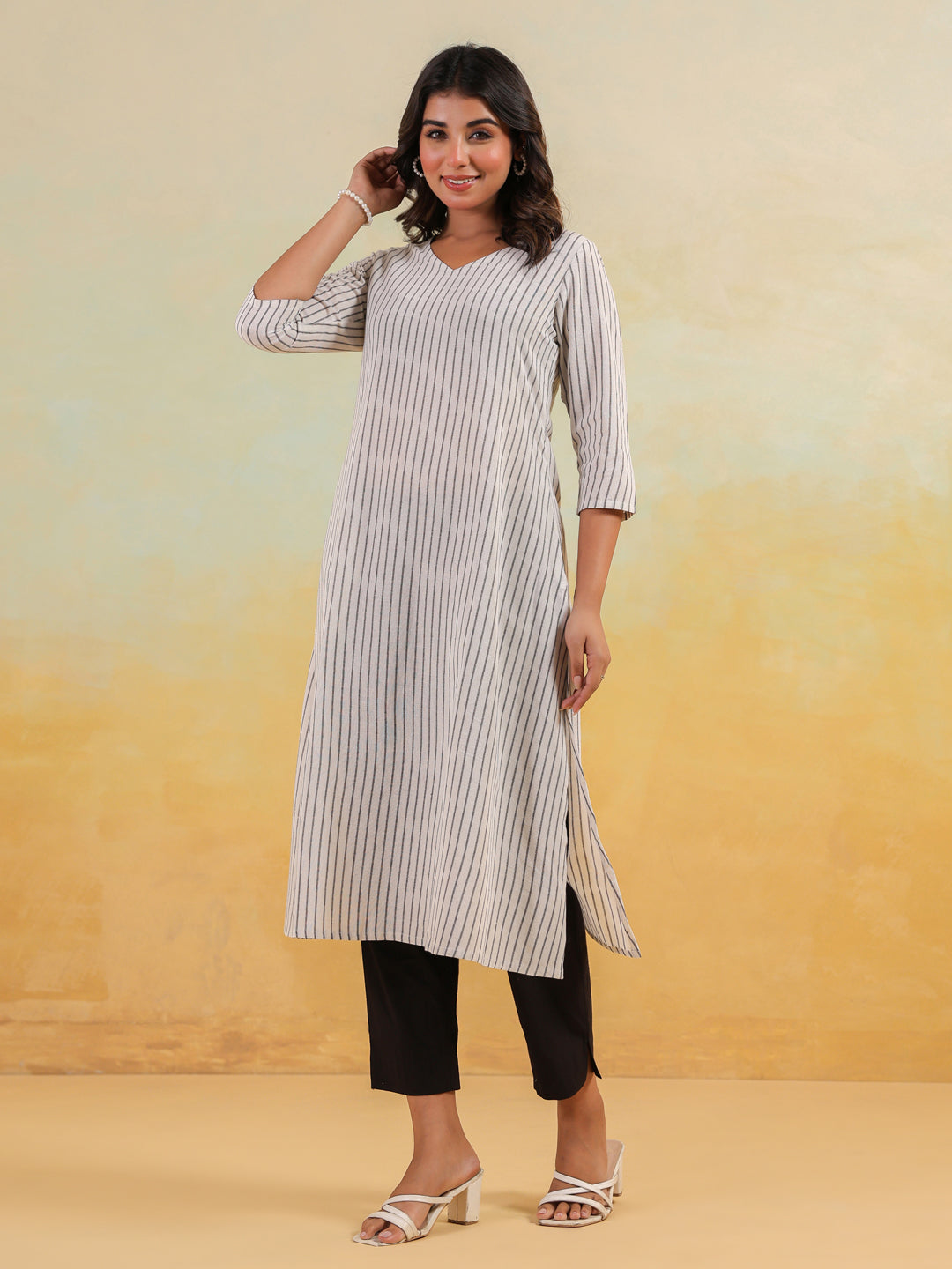 Janasya Light Cotton Striped Straight Kurta - Swadesiicart