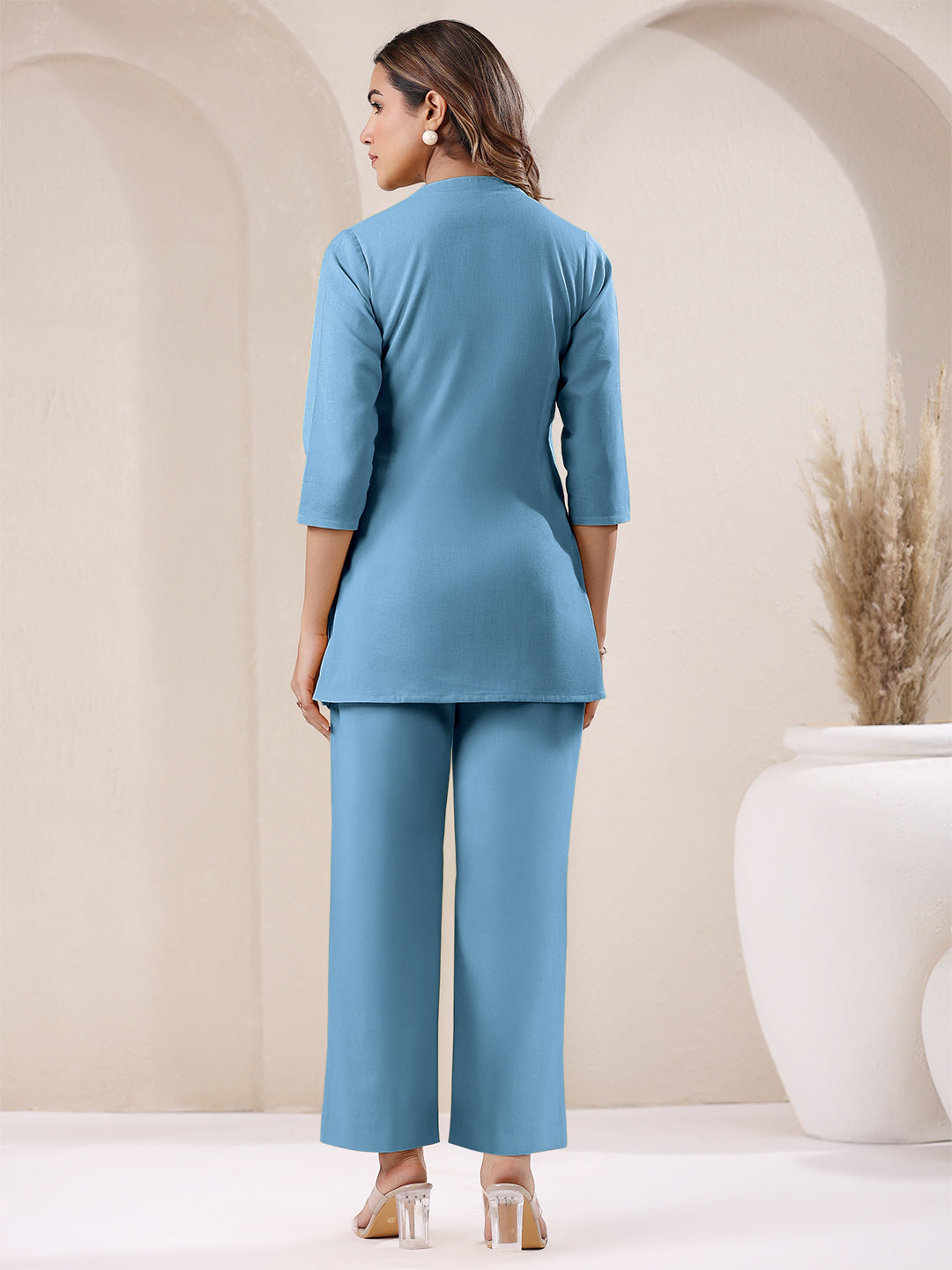 Janasya Light Blue Cotton Solid Pant | Swadesiicart