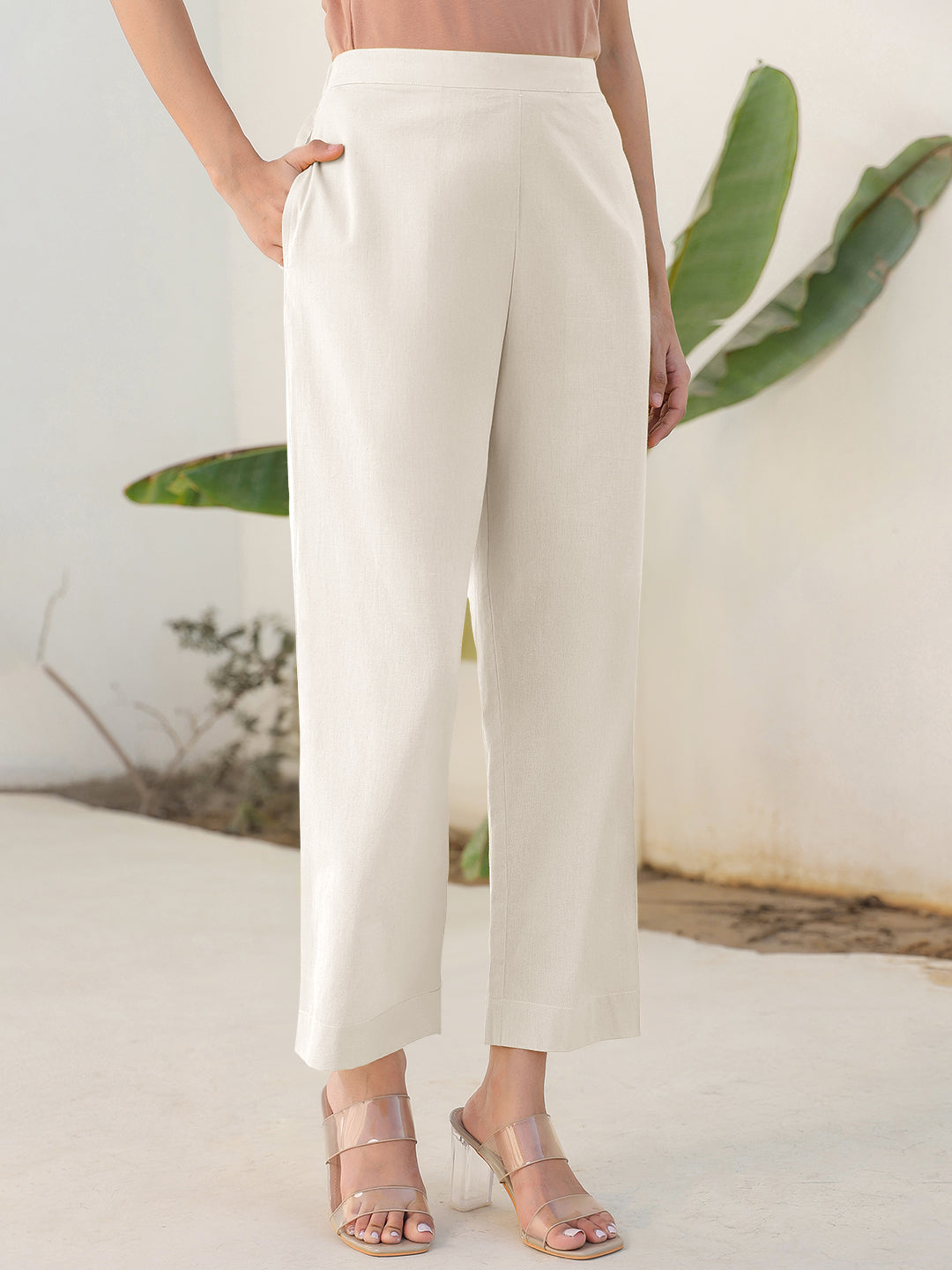 Janasya Off White Cotton Solid Pant | Swadesiicart