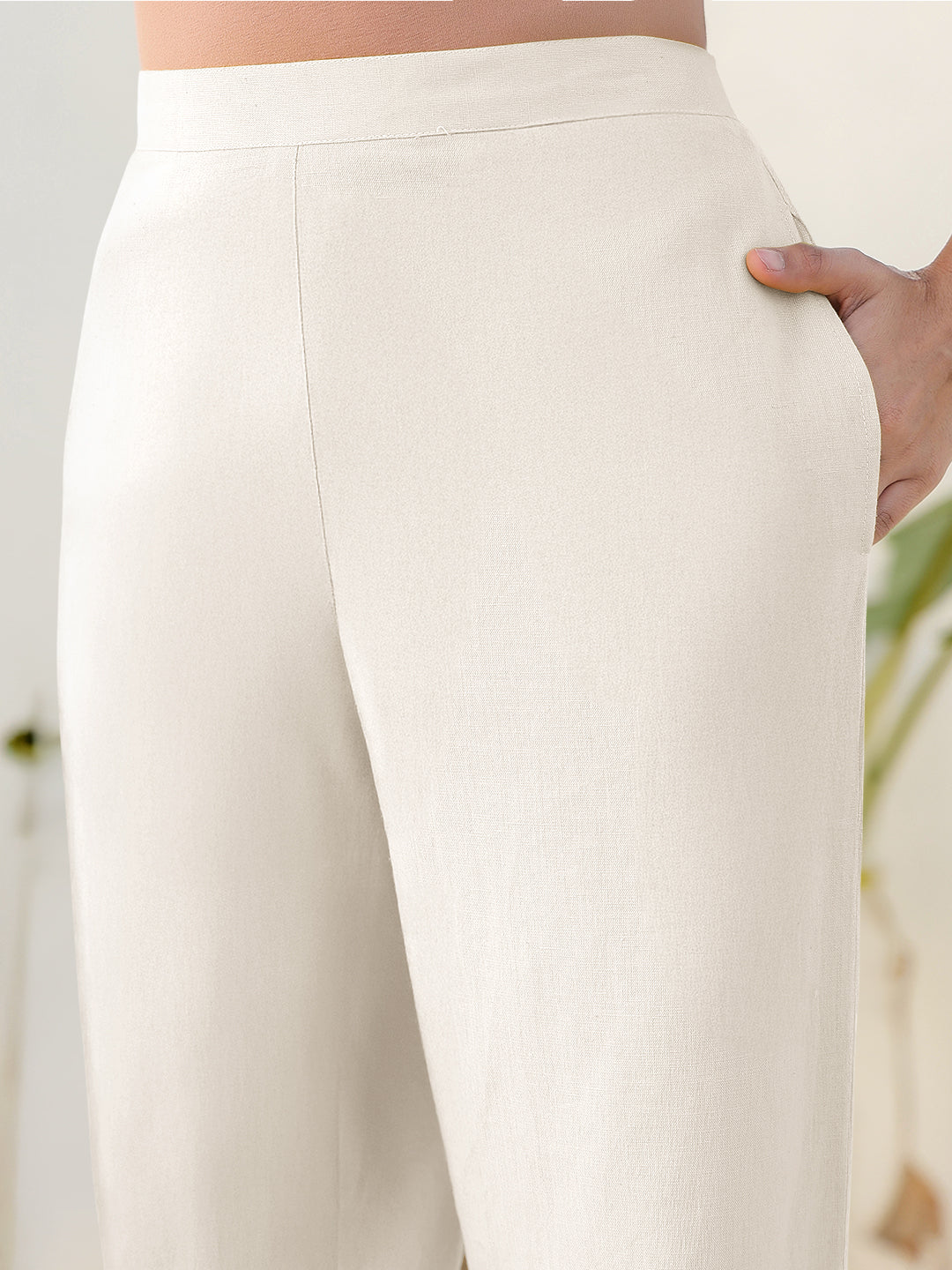 Janasya Off White Cotton Solid Pant | Swadesiicart