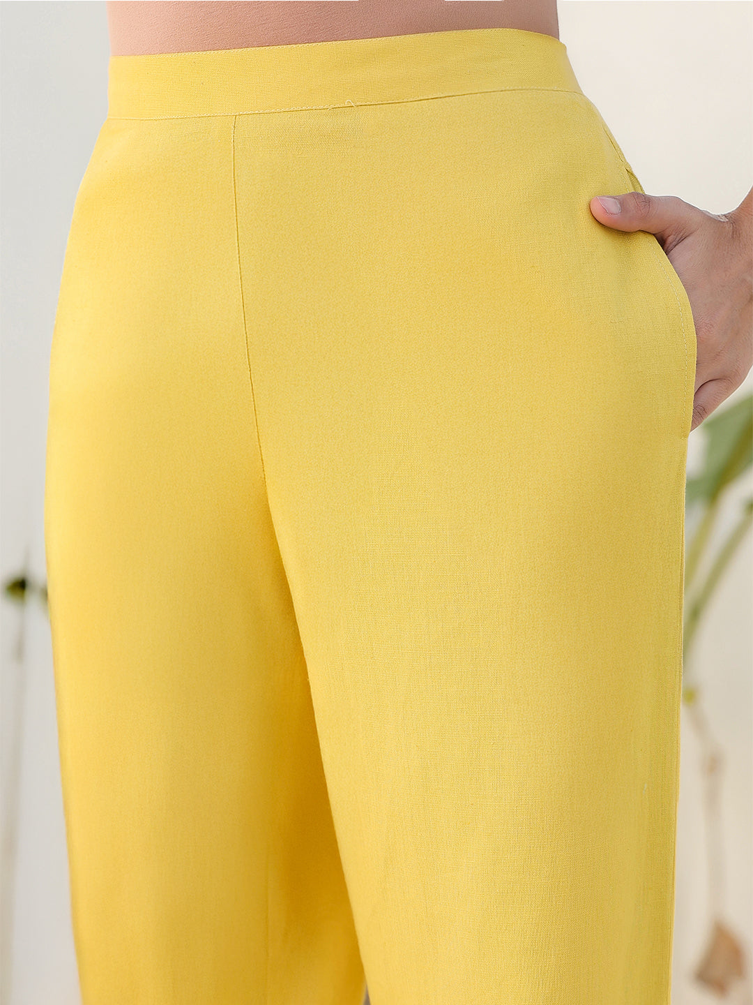 Janasya Yellow Cotton Solid Pant | Swadesiicart