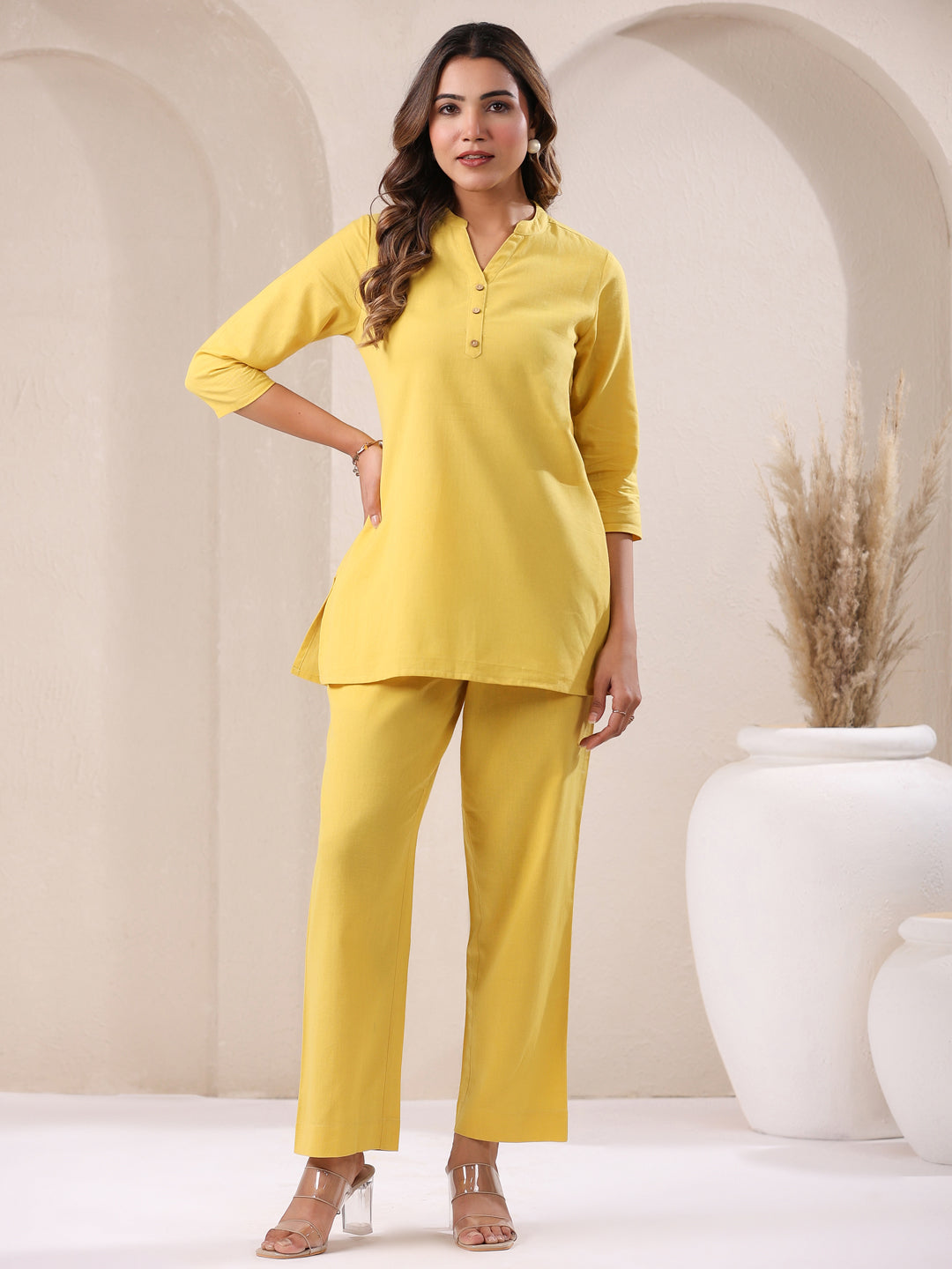 Janasya Yellow Cotton Solid Pant | Swadesiicart