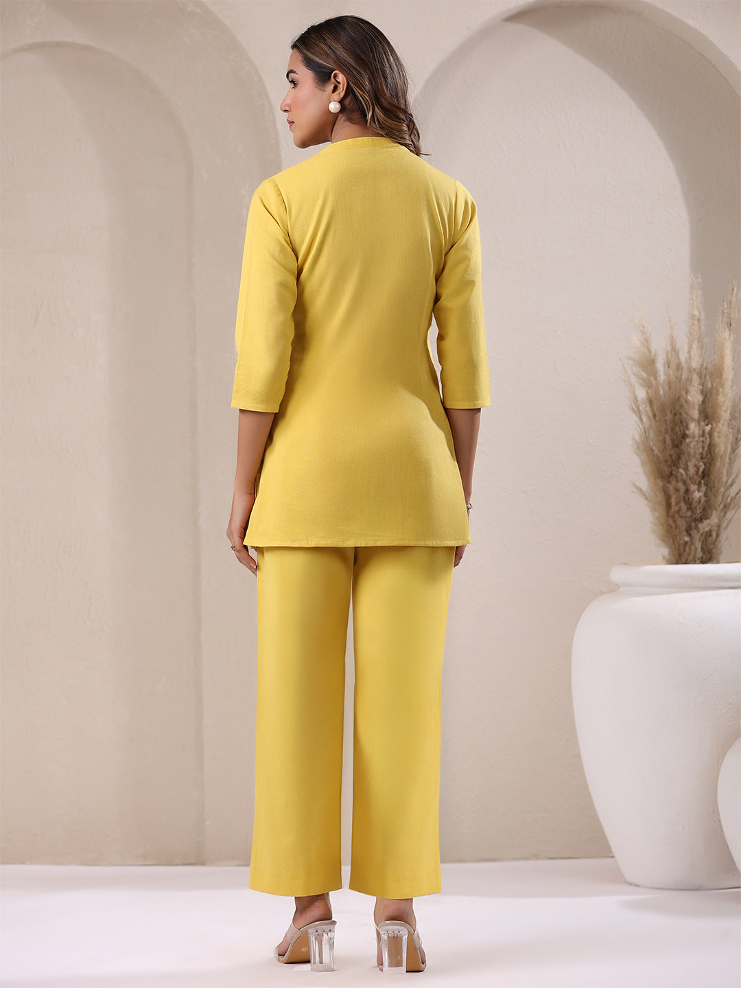 Janasya Yellow Cotton Solid Pant | Swadesiicart