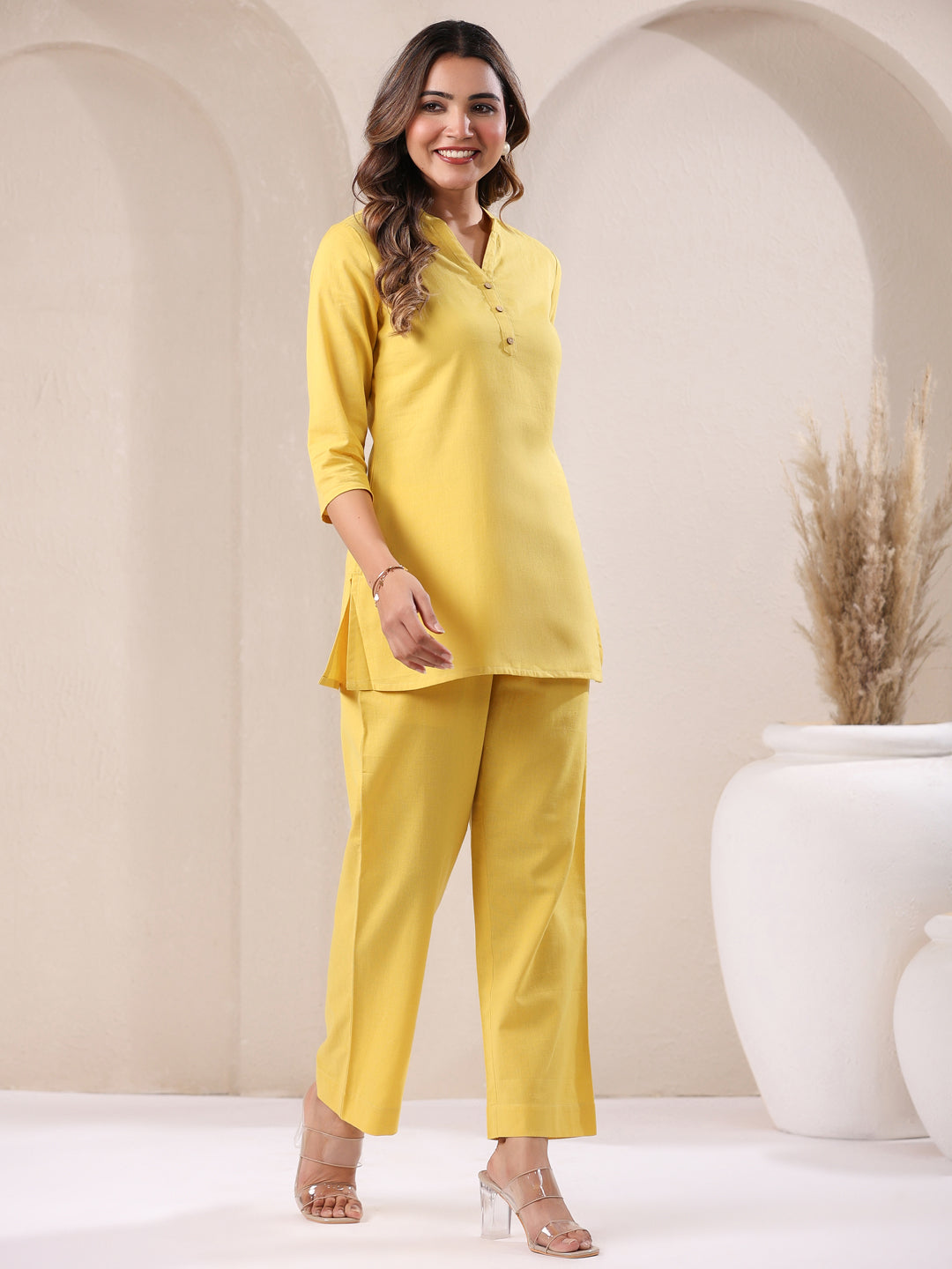Janasya Yellow Cotton Solid Pant | Swadesiicart