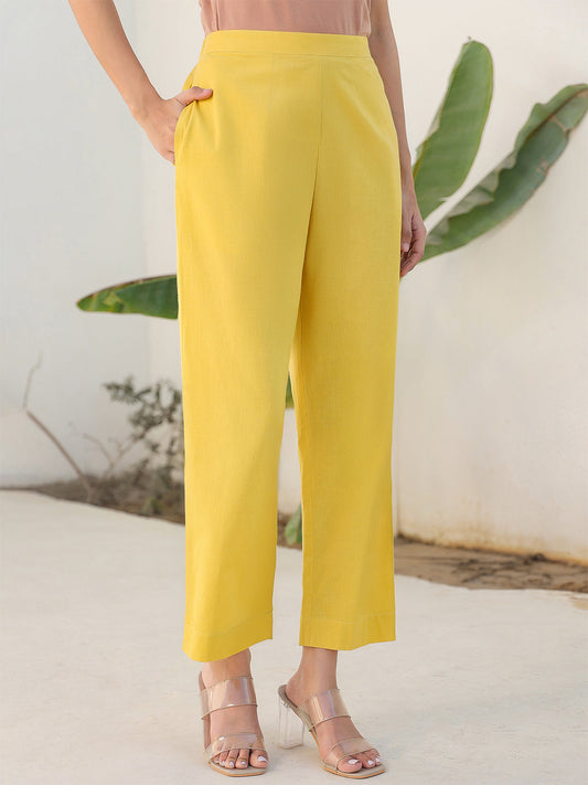 Janasya Yellow Cotton Solid Pant | Swadesiicart