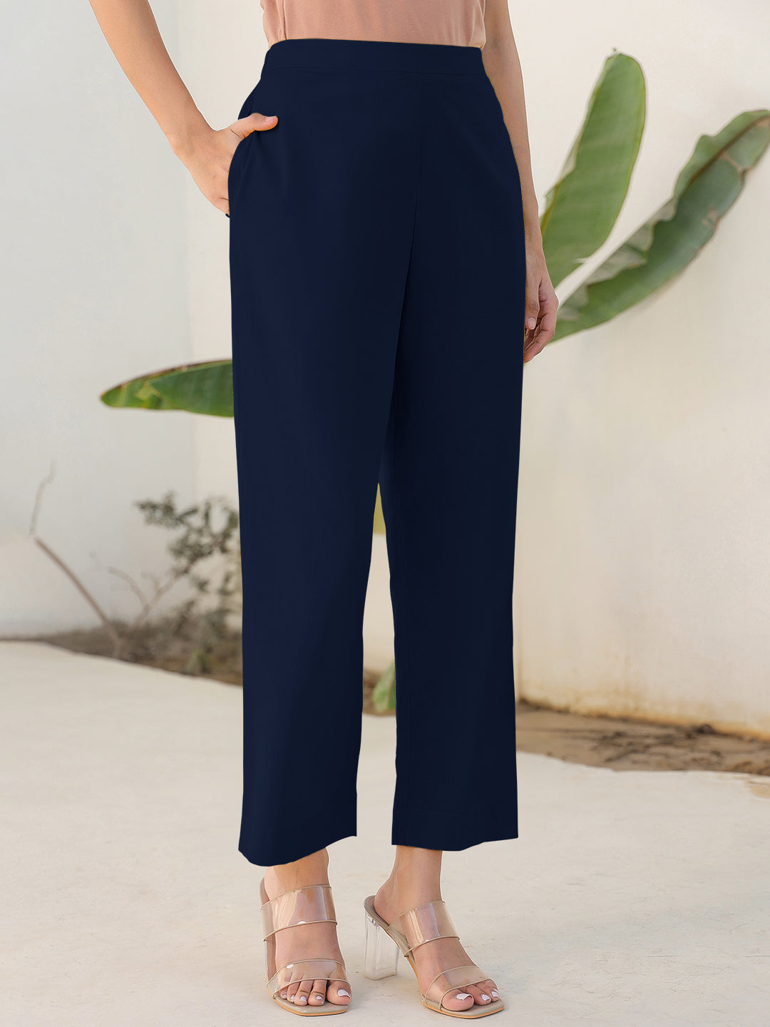 Janasya Navy Blue Cotton Solid Pant | Swadesiicart