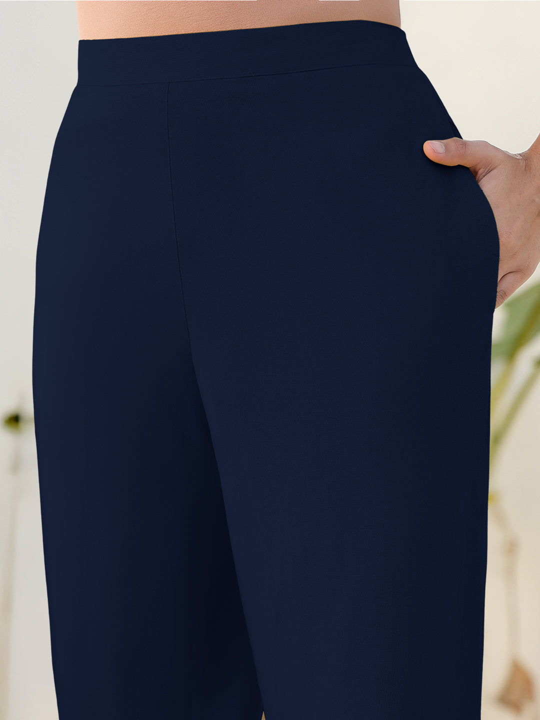 Janasya Navy Blue Cotton Solid Pant | Swadesiicart