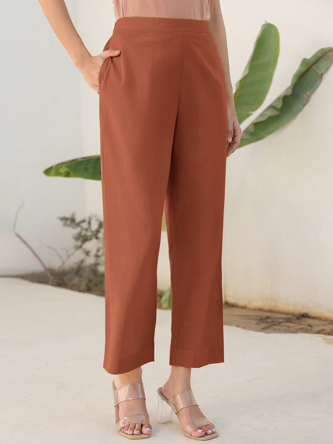 Janasya Rust Cotton Solid Pant | Swadesiicart