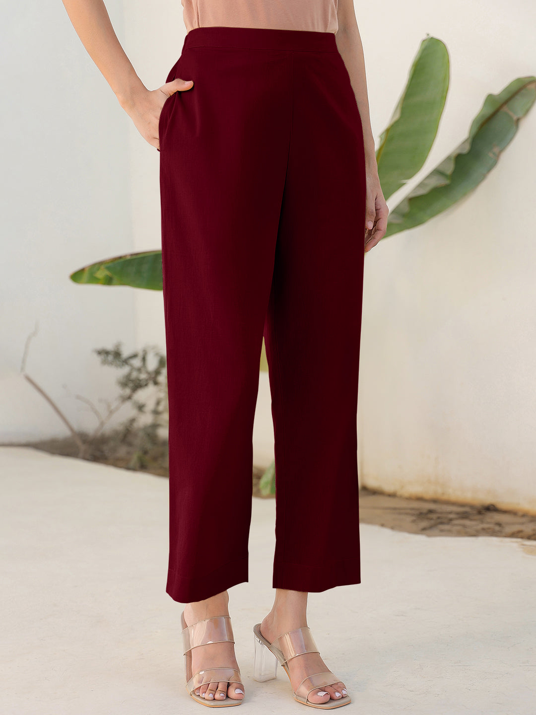 Janasya Maroon Cotton Solid Pant | Swadesiicart