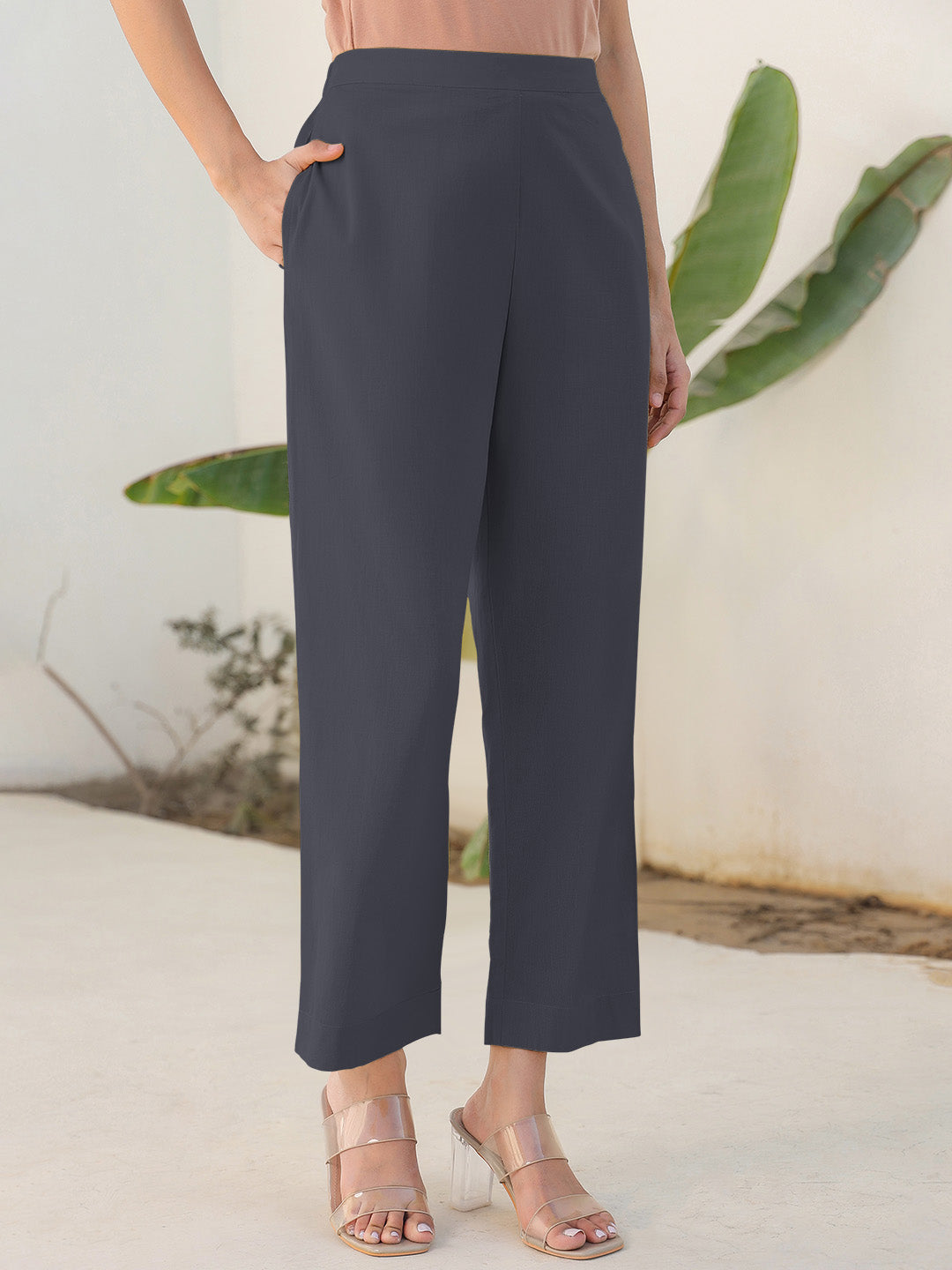 Janasya Grey Cotton Solid Pant | Swadesiicart