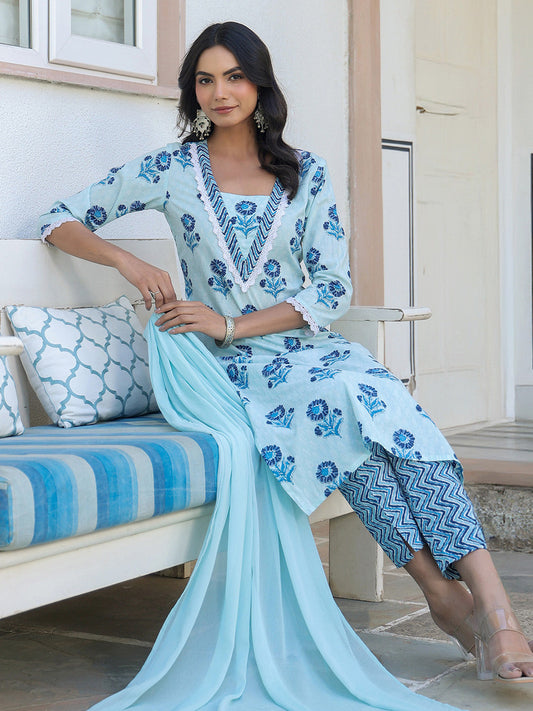 Janasya Light Cotton Floral Straight Kurta Set | Swadesiicart