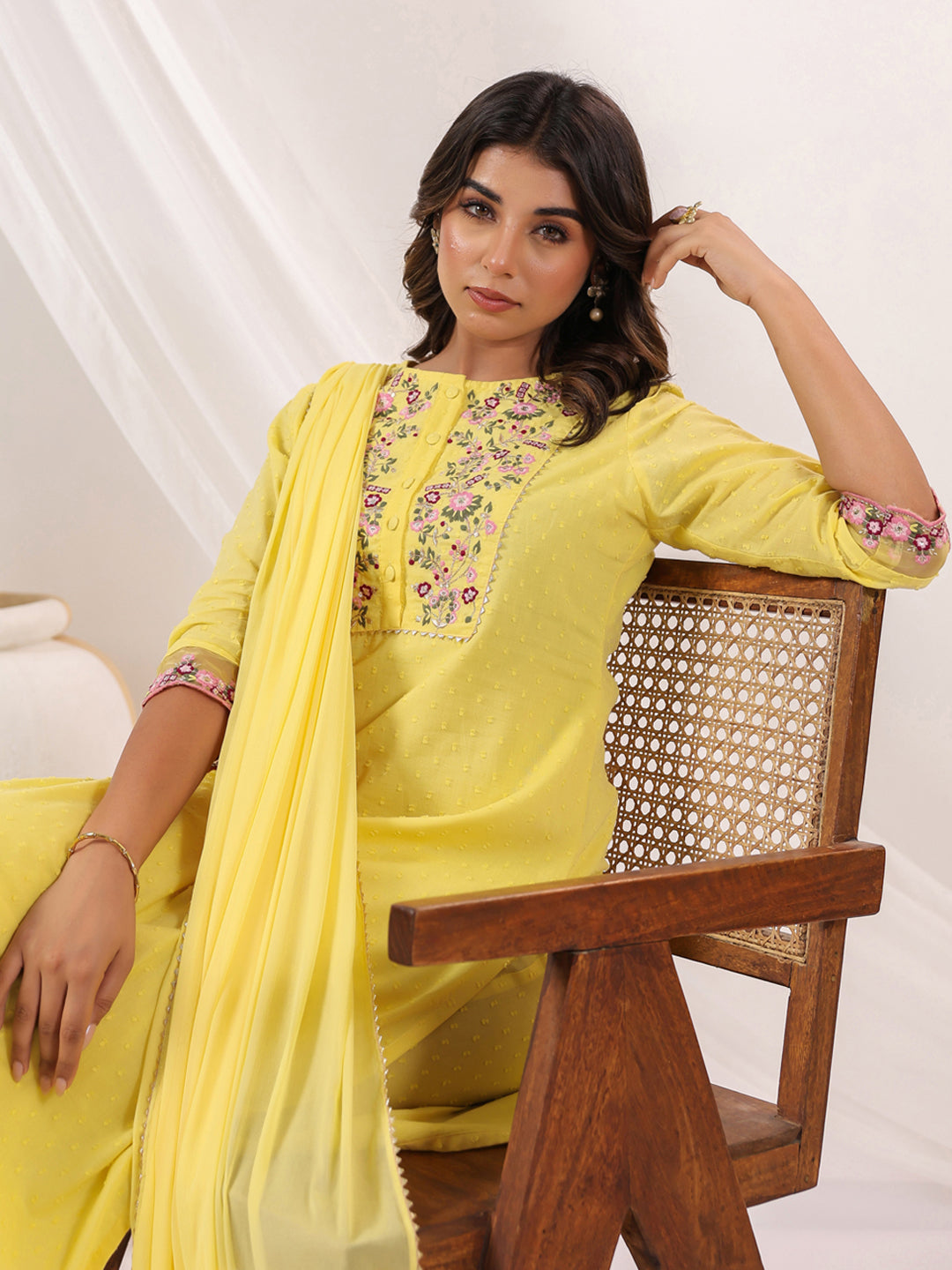 Janasya Light Dobby Cotton Embroidered Straight Kurta Set | Swadesiicart