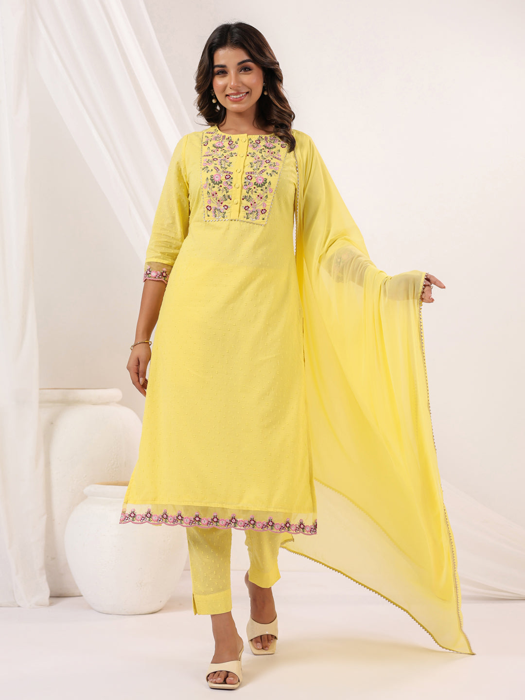 Janasya Light Dobby Cotton Embroidered Straight Kurta Set | Swadesiicart