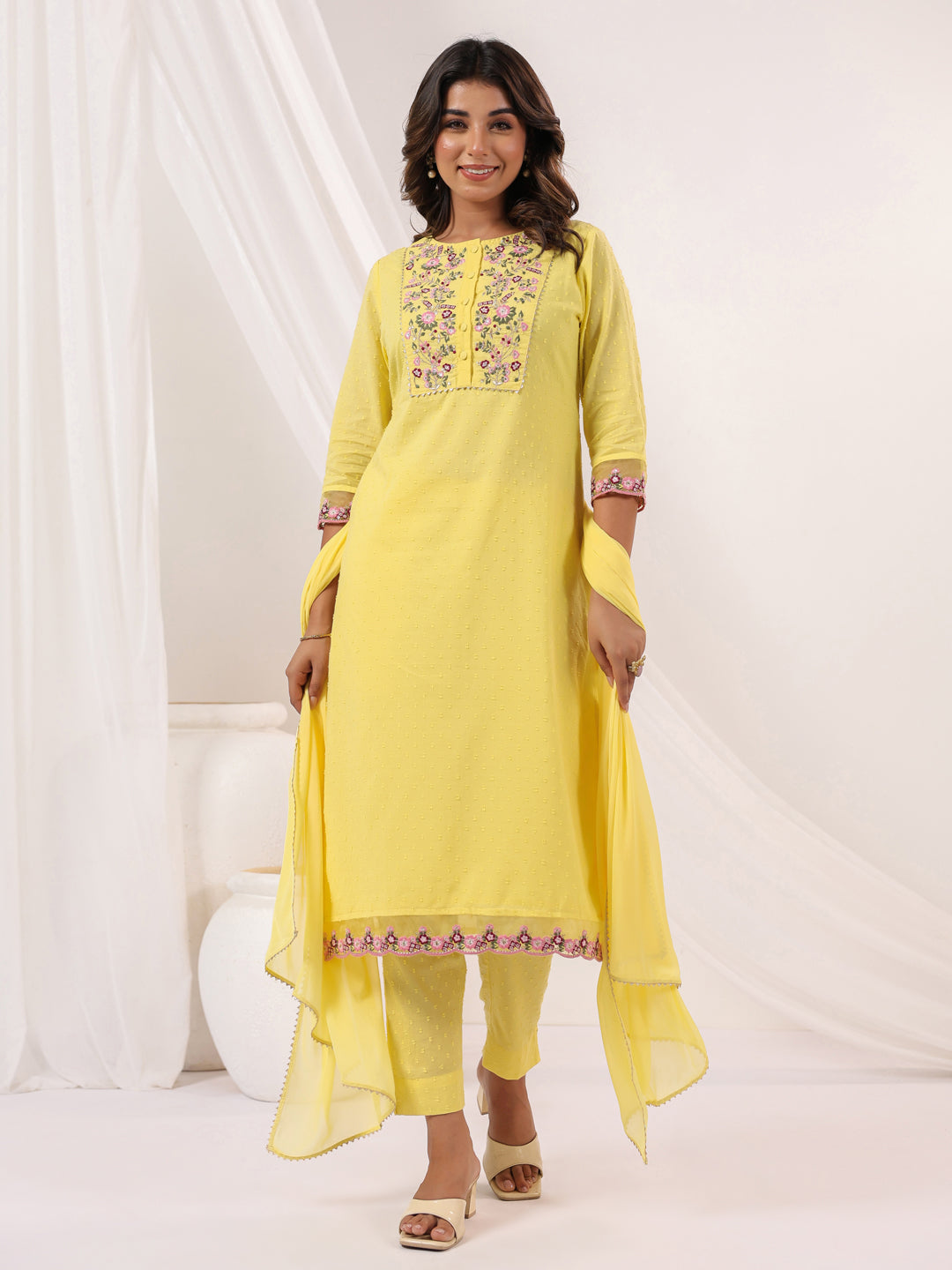 Janasya Light Dobby Cotton Embroidered Straight Kurta Set | Swadesiicart