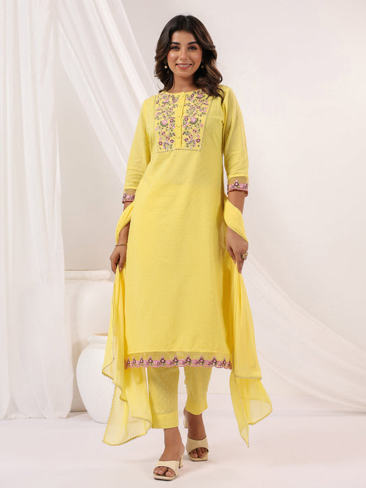 Janasya Light Dobby Cotton Embroidered Straight Kurta Set | Swadesiicart