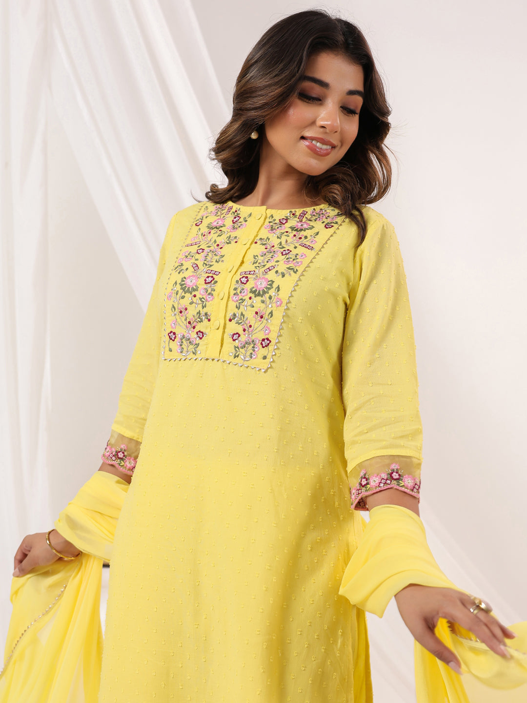 Janasya Light Dobby Cotton Embroidered Straight Kurta Set | Swadesiicart