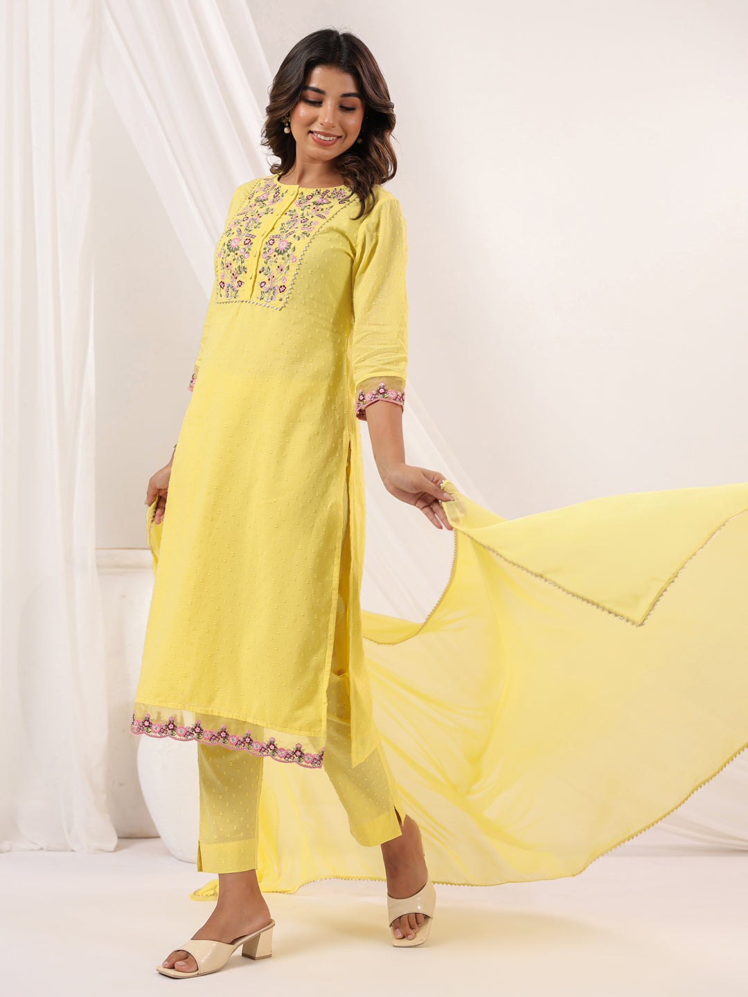 Janasya Light Dobby Cotton Embroidered Straight Kurta Set | Swadesiicart