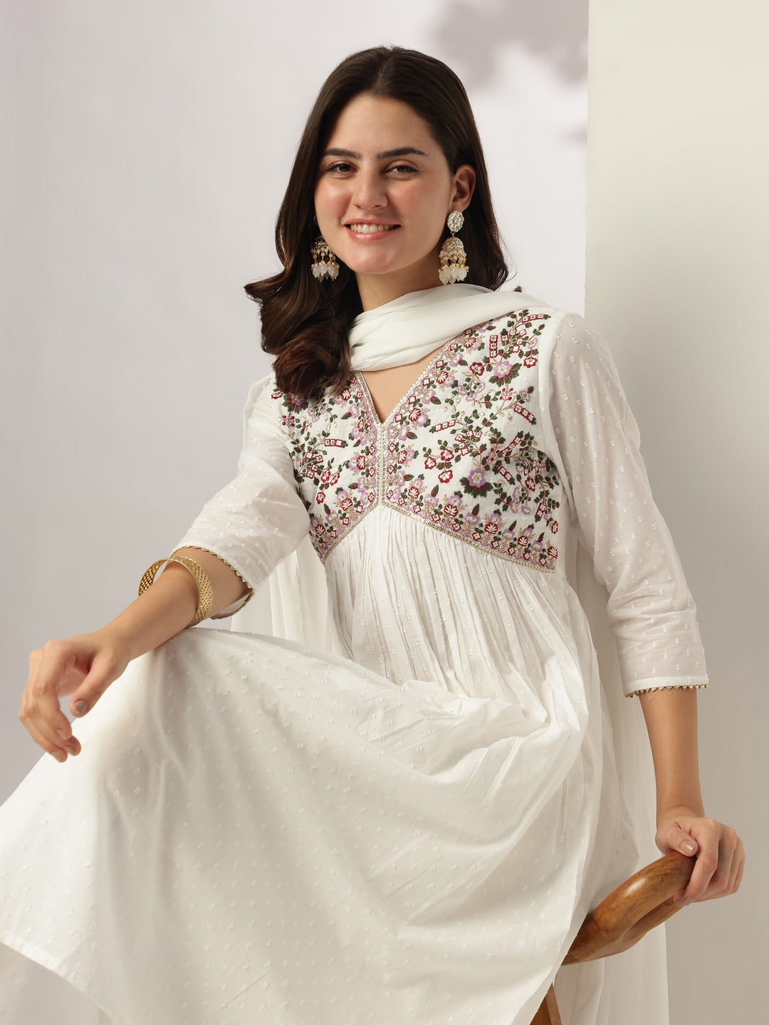 Janasya Light Dobby Cotton Embroidered A-Line Kurta Set | Swadesiicart