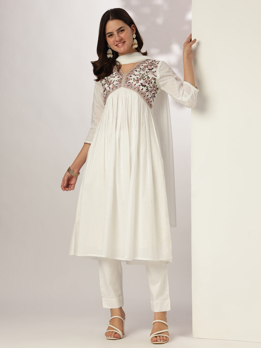 Janasya Light Dobby Cotton Embroidered A-Line Kurta Set | Swadesiicart