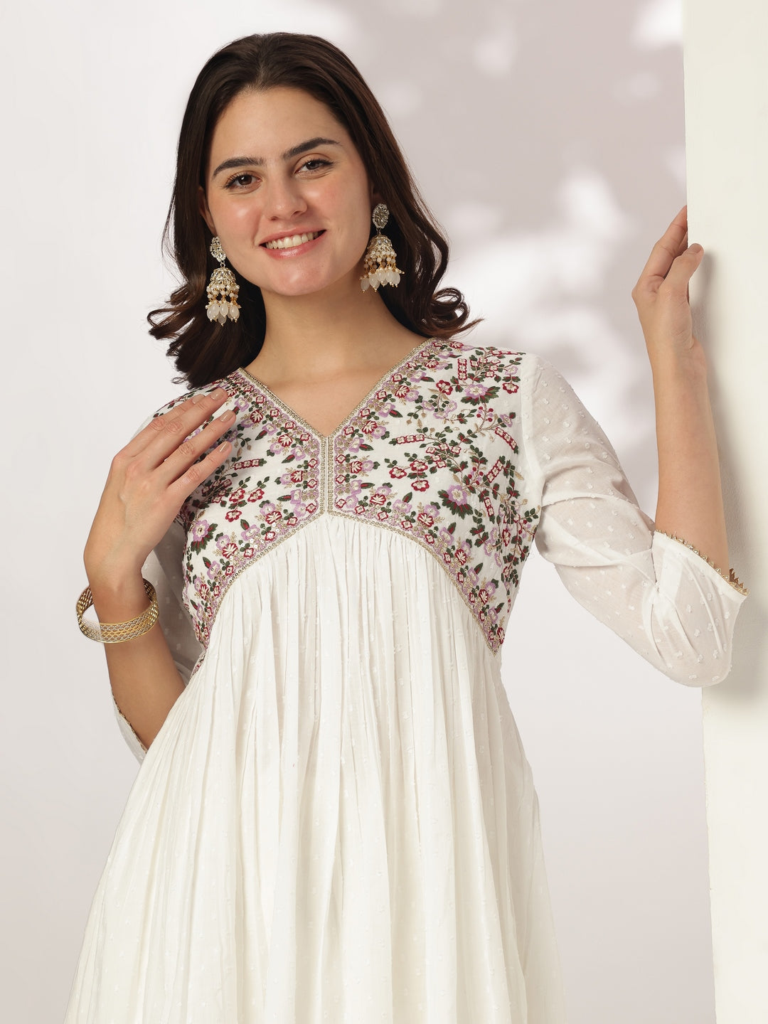 Janasya Light Dobby Cotton Embroidered A-Line Kurta Set | Swadesiicart