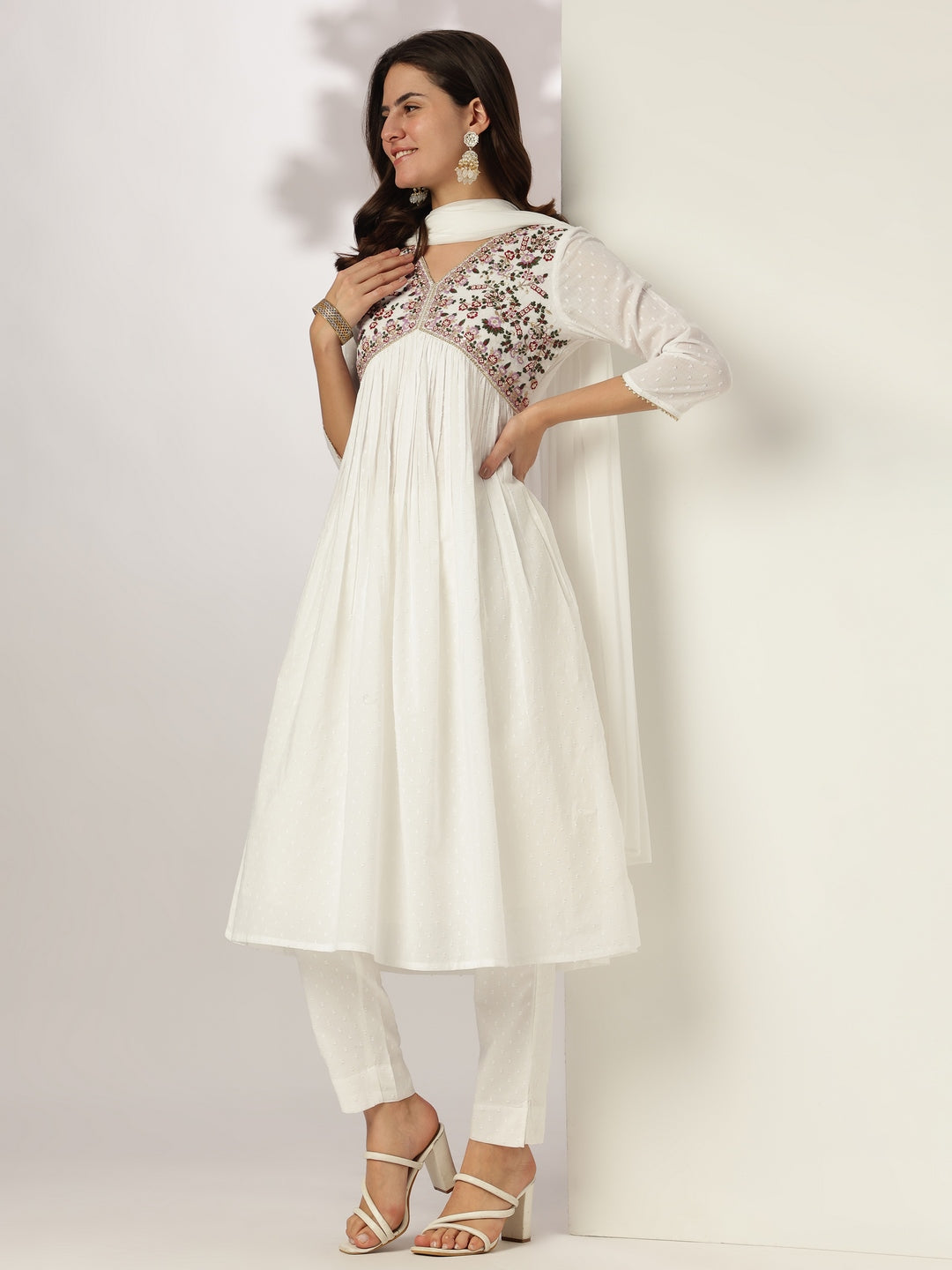 Janasya Light Dobby Cotton Embroidered A-Line Kurta Set | Swadesiicart