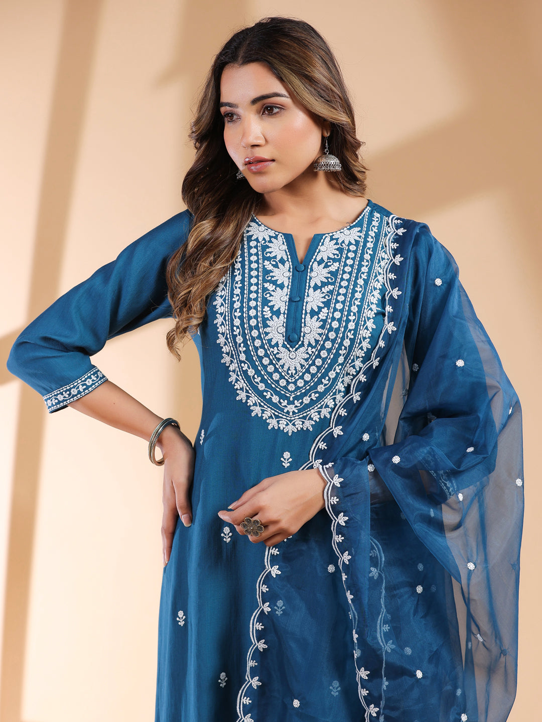 Janasya Dark Silk Blend Embroidered Straight Kurta Set | Swadesiicart