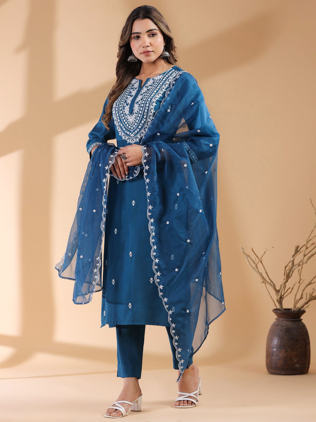 Janasya Dark Silk Blend Embroidered Straight Kurta Set | Swadesiicart