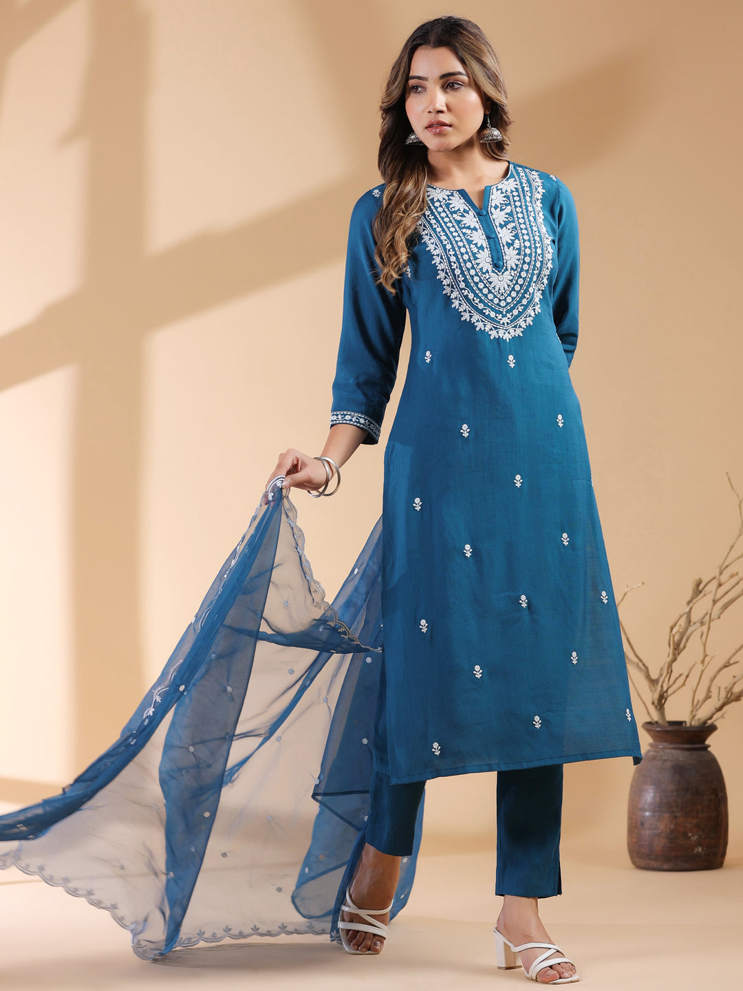 Janasya Dark Silk Blend Embroidered Straight Kurta Set | Swadesiicart
