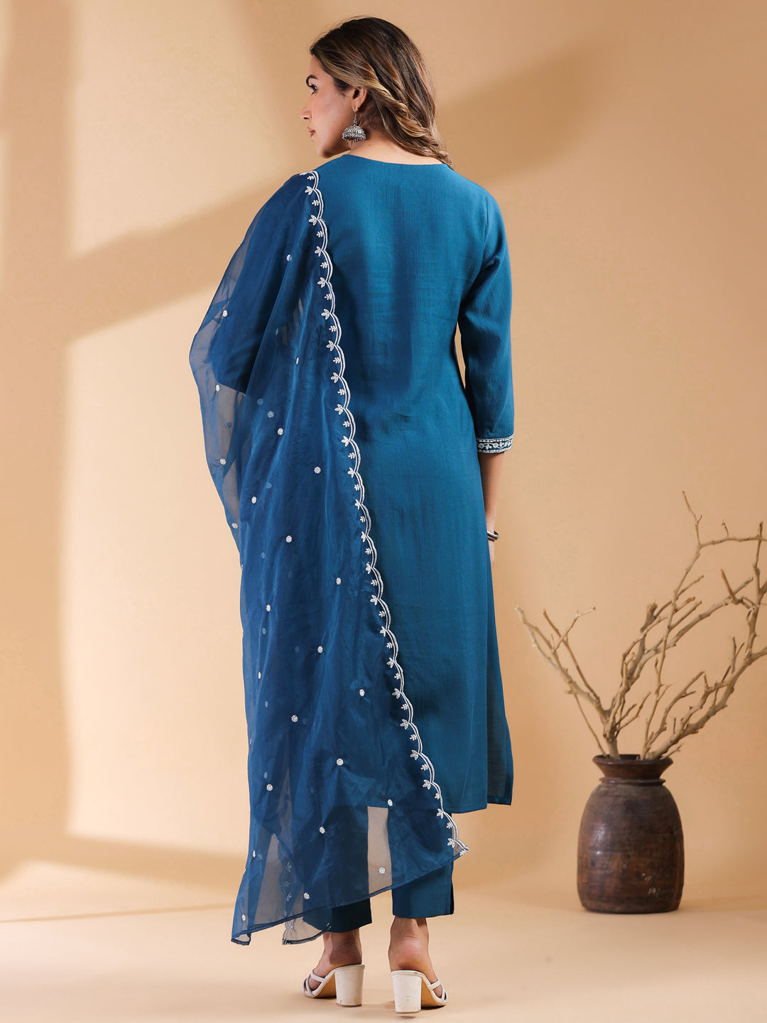 Janasya Dark Silk Blend Embroidered Straight Kurta Set | Swadesiicart