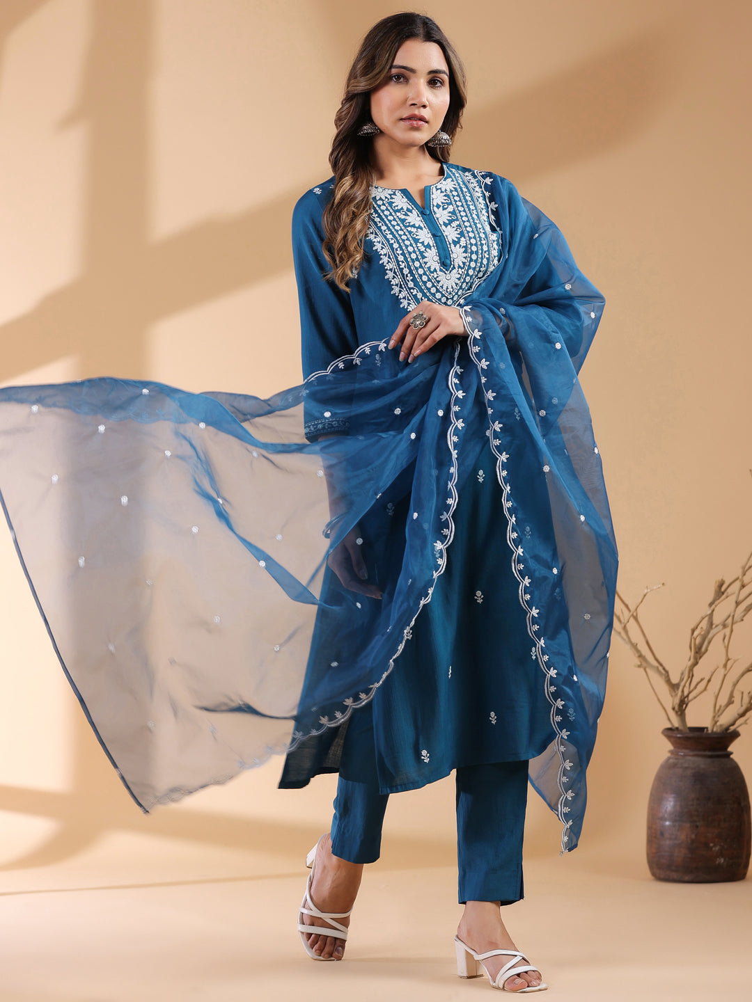 Janasya Dark Silk Blend Embroidered Straight Kurta Set | Swadesiicart