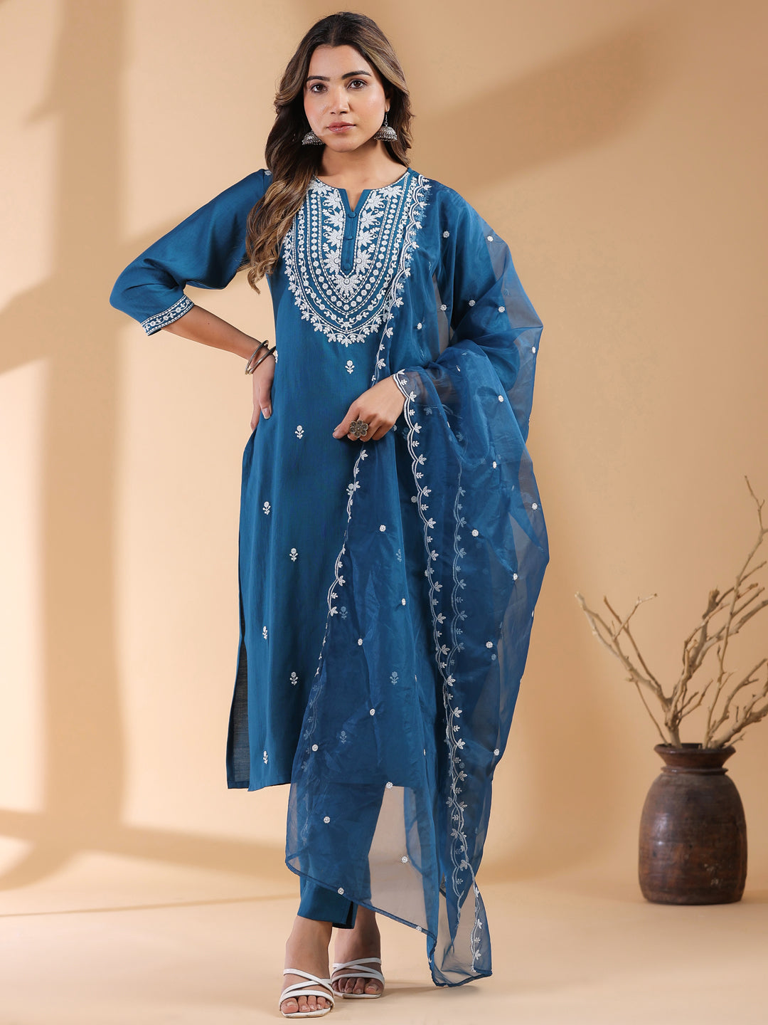 Janasya Dark Silk Blend Embroidered Straight Kurta Set | Swadesiicart