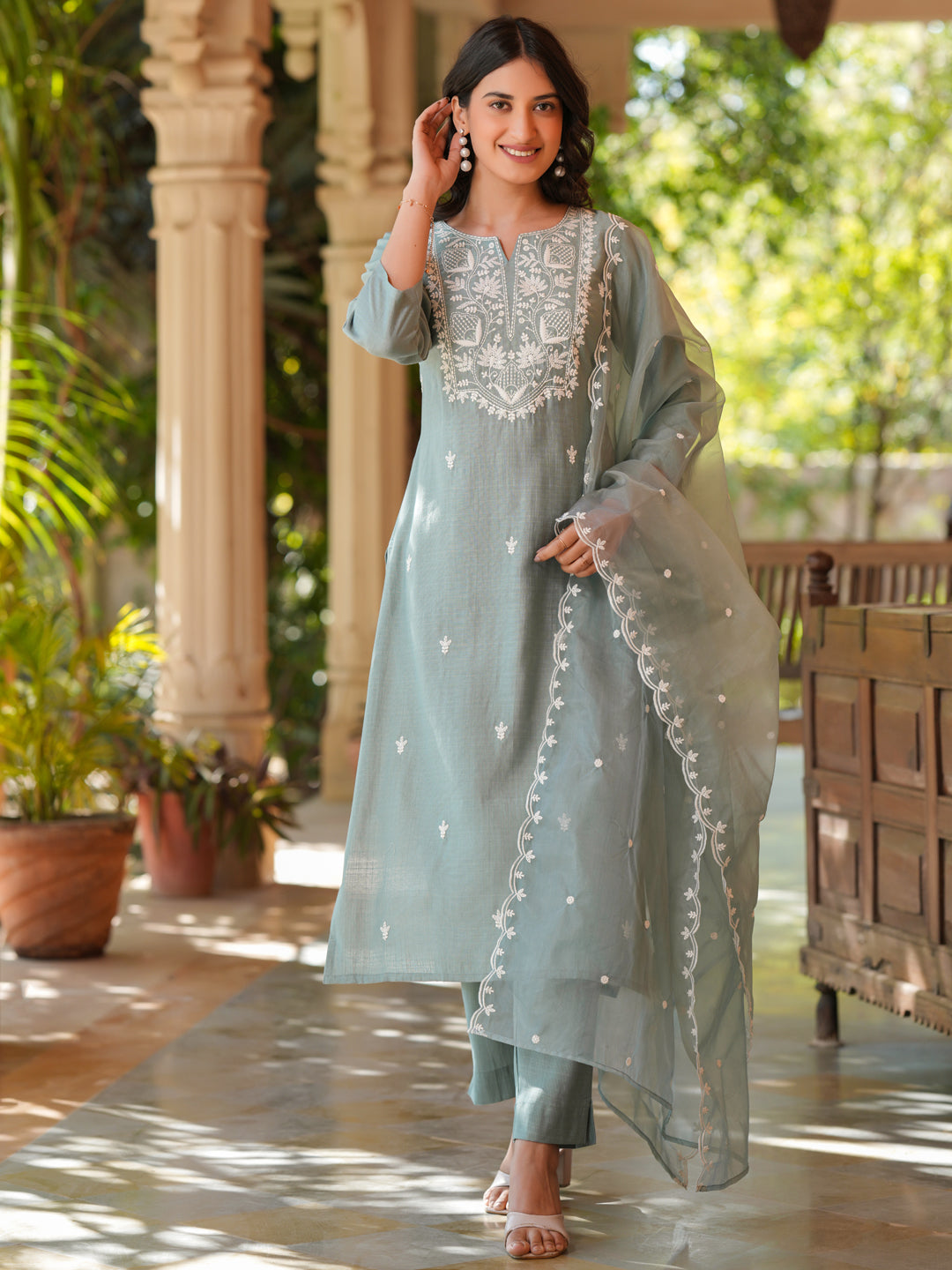 Janasya Light Silk Blend Embroidered Straight Kurta Set | Swadesiicart