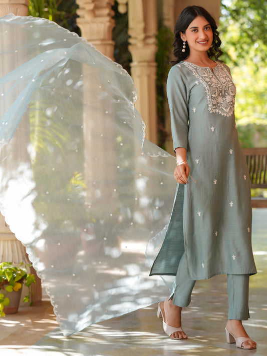 Janasya Light Silk Blend Embroidered Straight Kurta Set | Swadesiicart