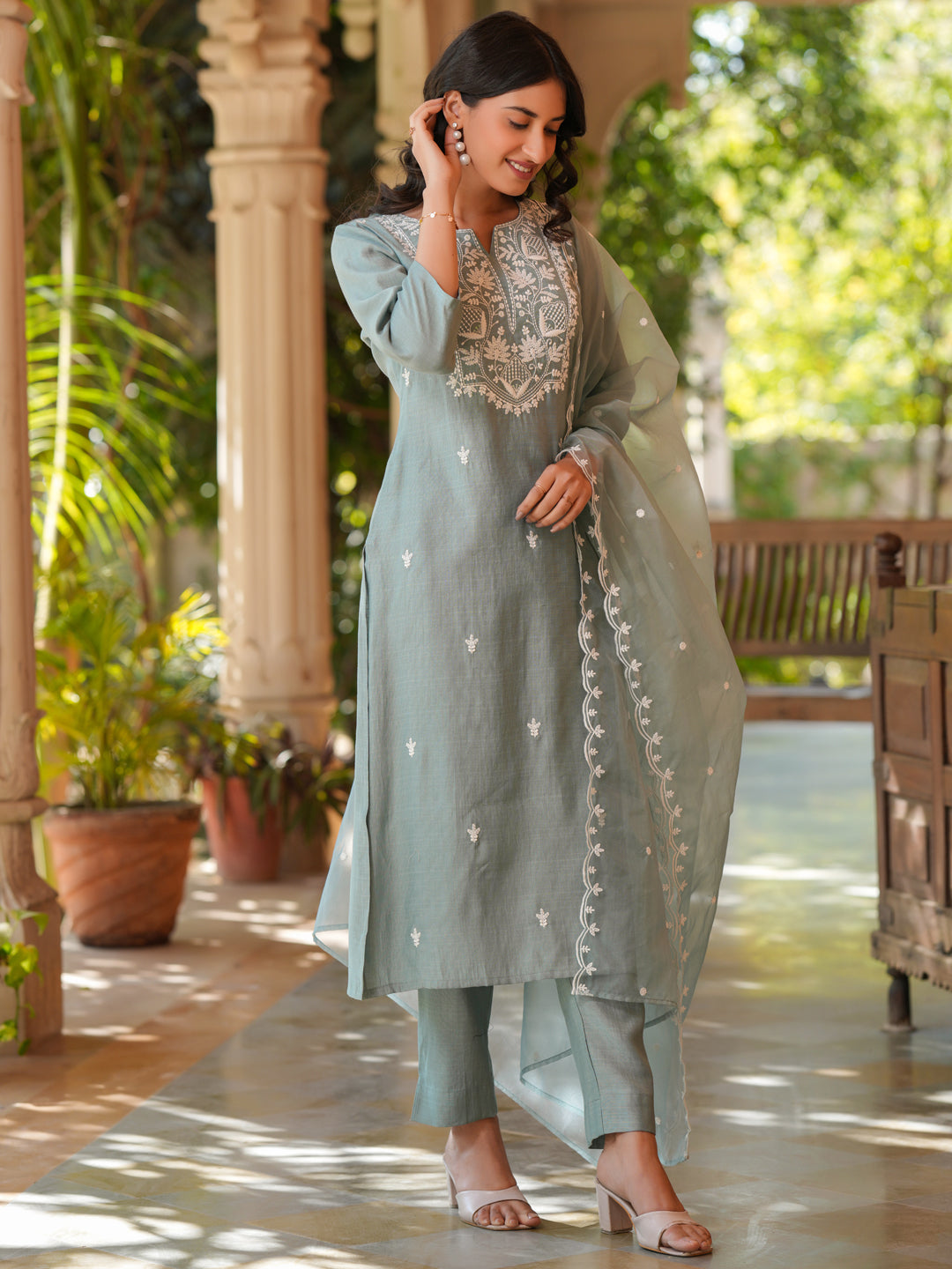 Janasya Light Silk Blend Embroidered Straight Kurta Set | Swadesiicart