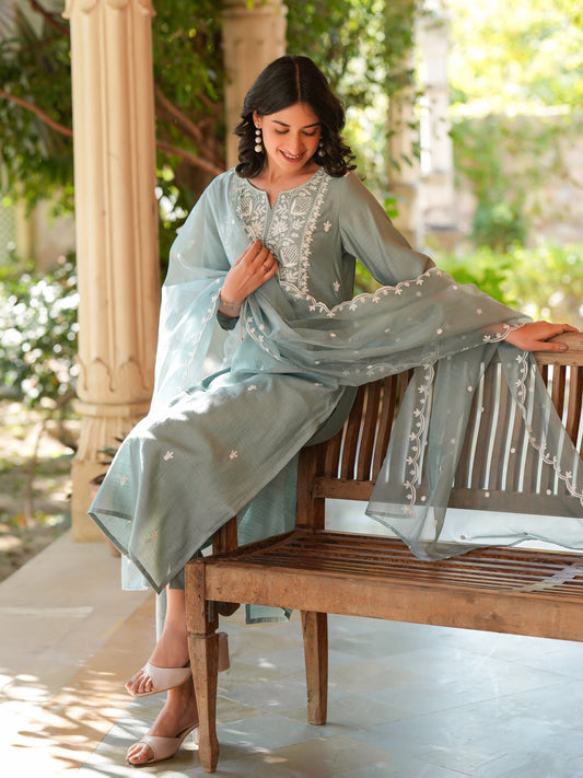 Janasya Light Silk Blend Embroidered Straight Kurta Set | Swadesiicart