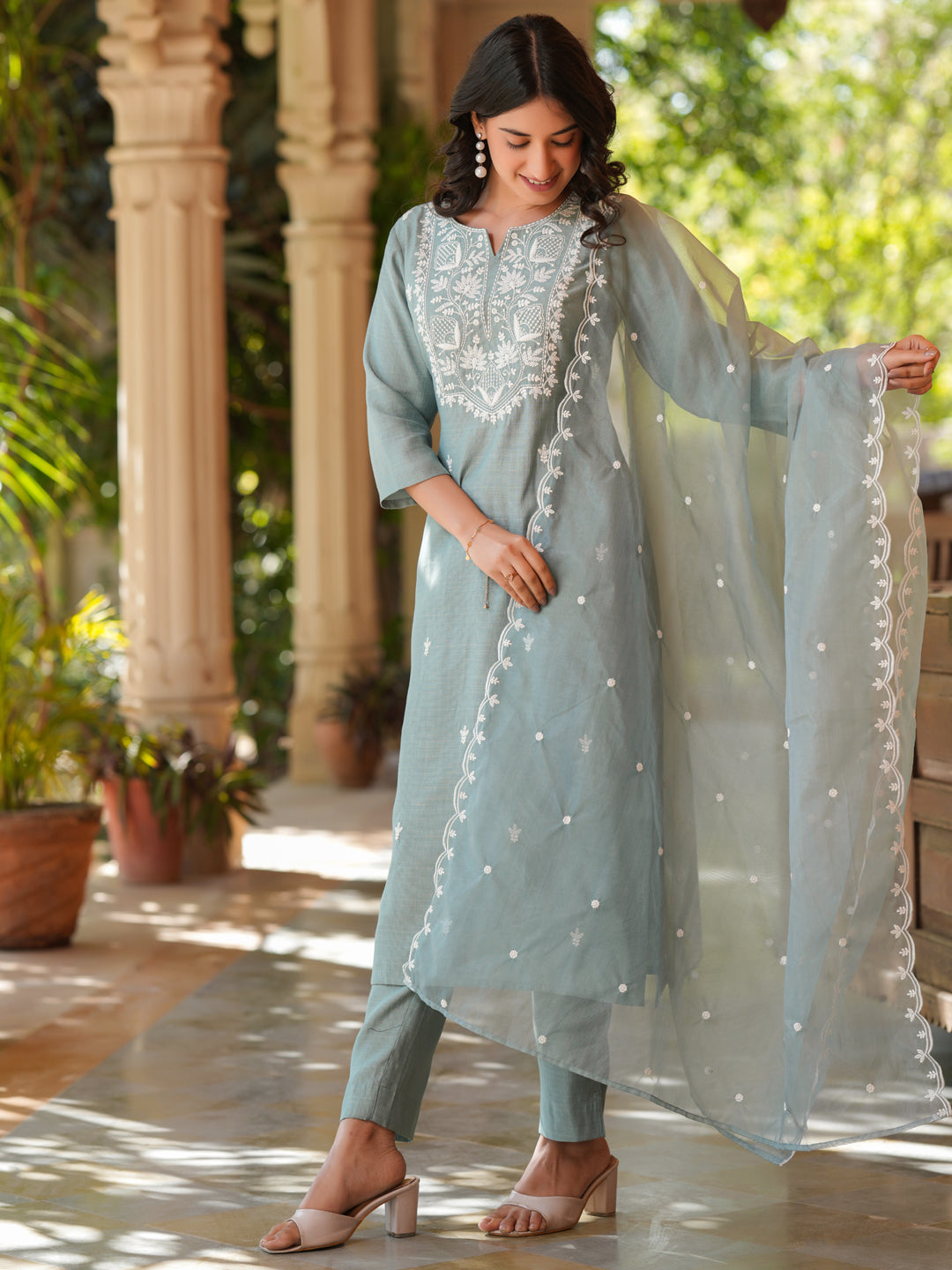 Janasya Light Silk Blend Embroidered Straight Kurta Set | Swadesiicart