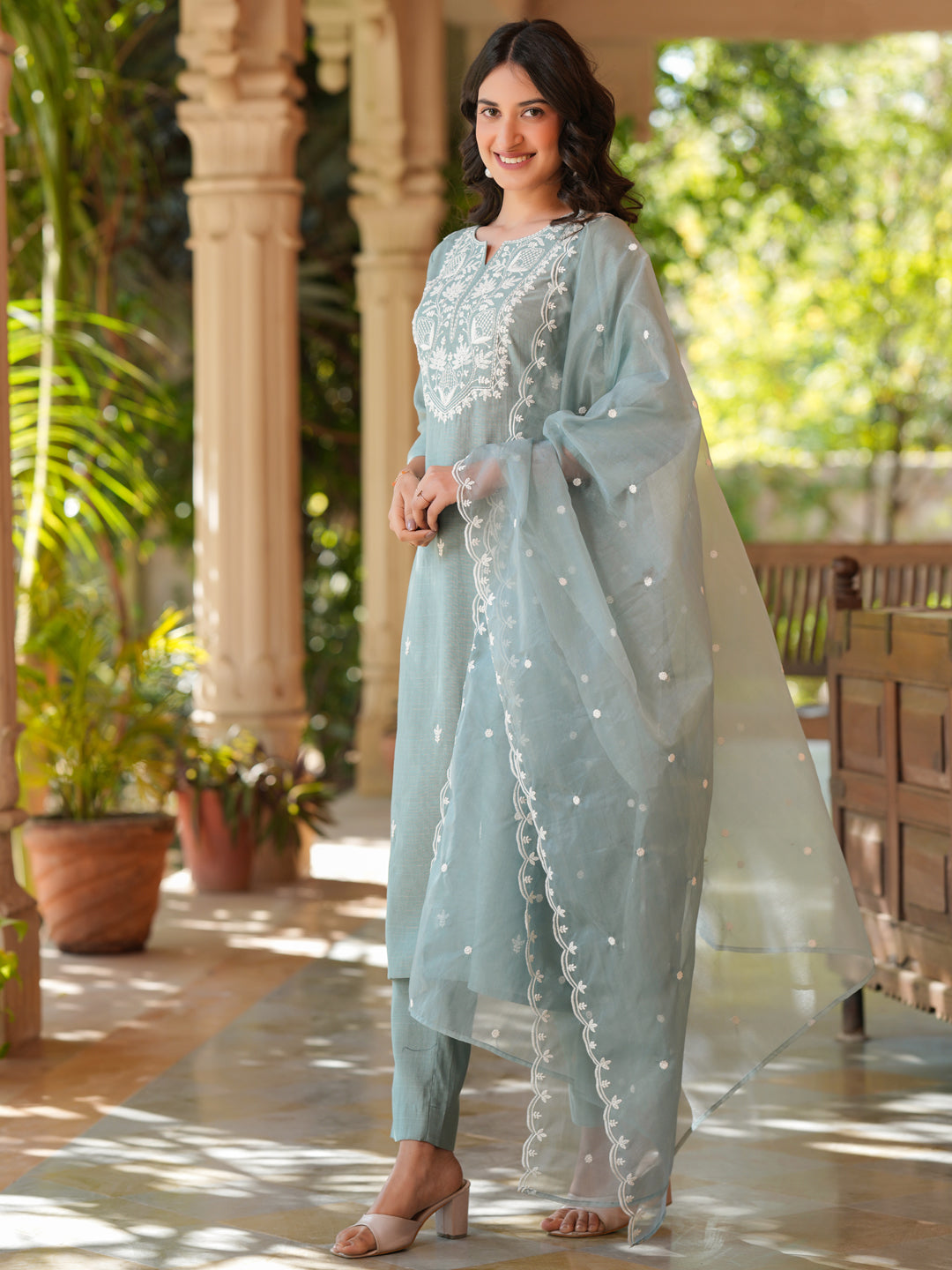 Janasya Light Silk Blend Embroidered Straight Kurta Set | Swadesiicart