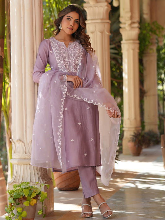 Janasya Light Silk Blend Embroidered Straight Kurta Set | Swadesiicart
