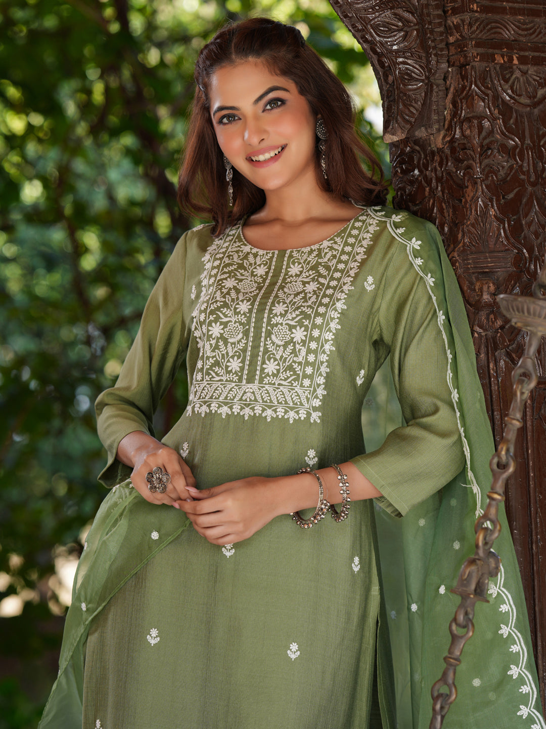 Janasya Dark Silk Blend Embroidered Straight Kurta Set | Swadesiicart