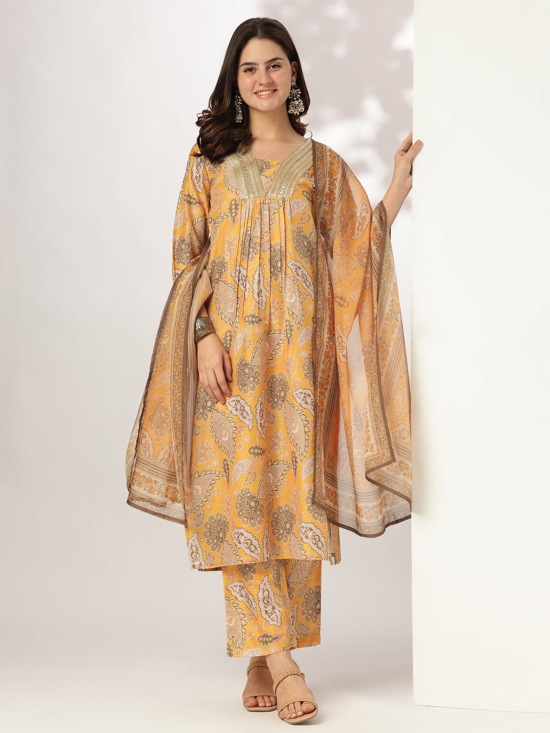 Janasya Bright Silk Blend Floral Straight Kurta Set | Swadesiicart