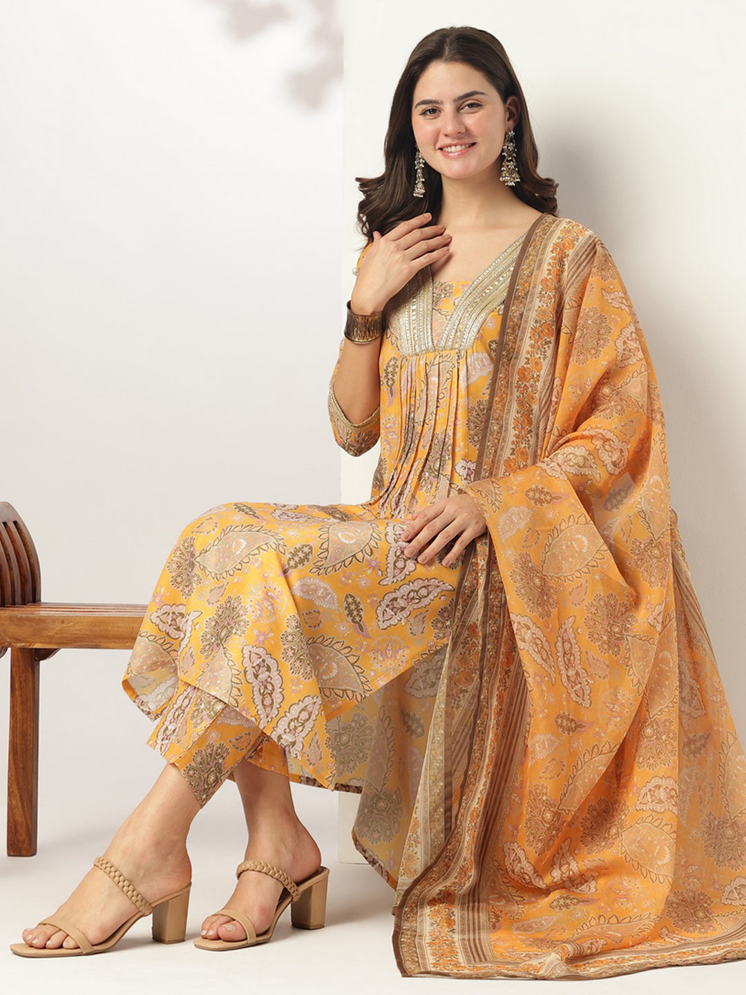 Janasya Bright Silk Blend Floral Straight Kurta Set | Swadesiicart