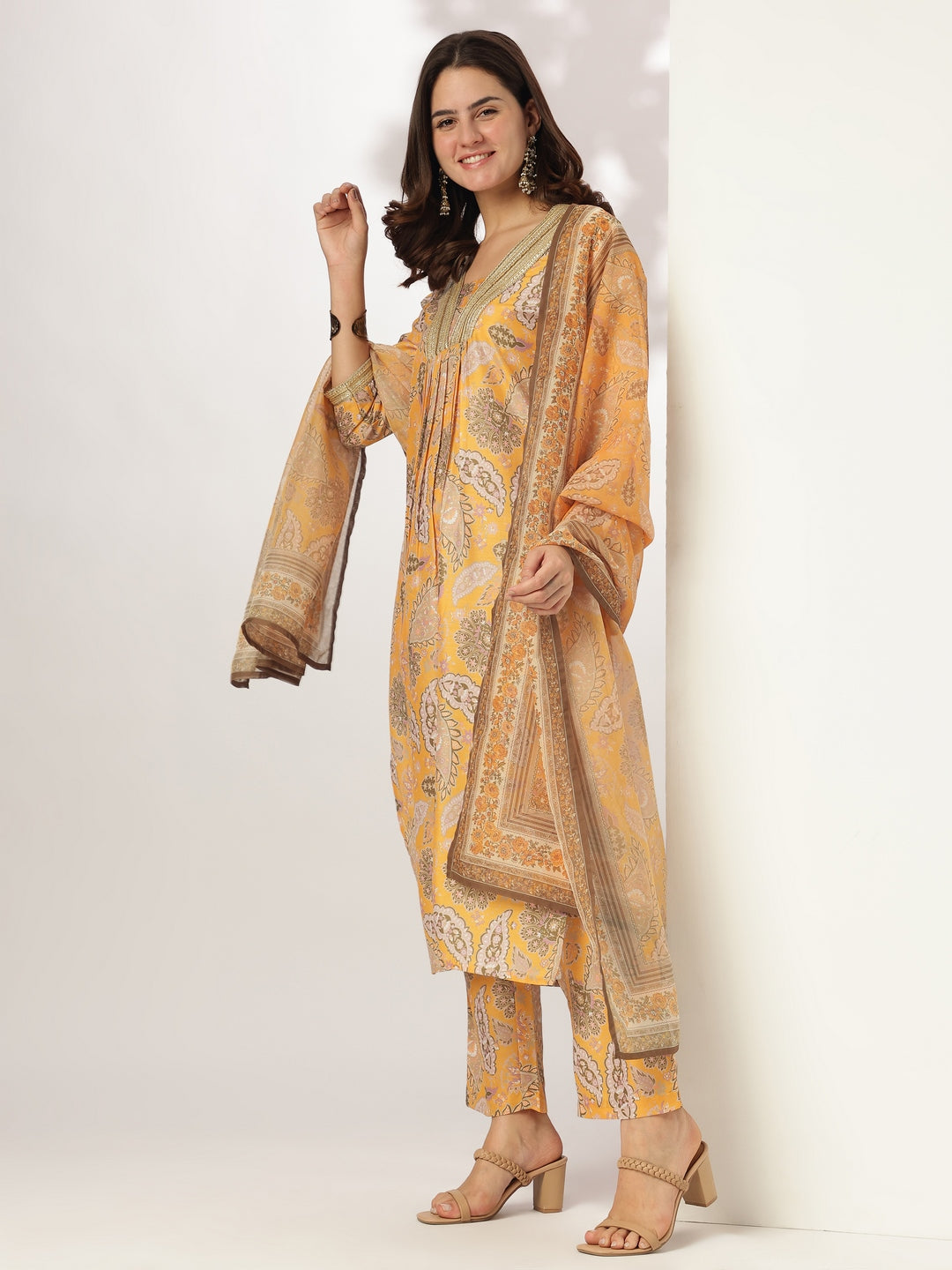 Janasya Bright Silk Blend Floral Straight Kurta Set | Swadesiicart
