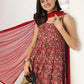 Janasya Dark Cotton Floral Tiered Kurta Set | Swadesiicart