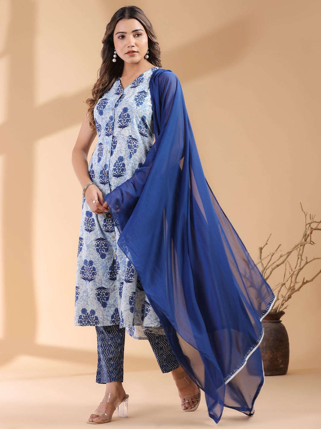 Janasya Dark Cotton Ethnic Motifs A-Line Kurta Set | Swadesiicart