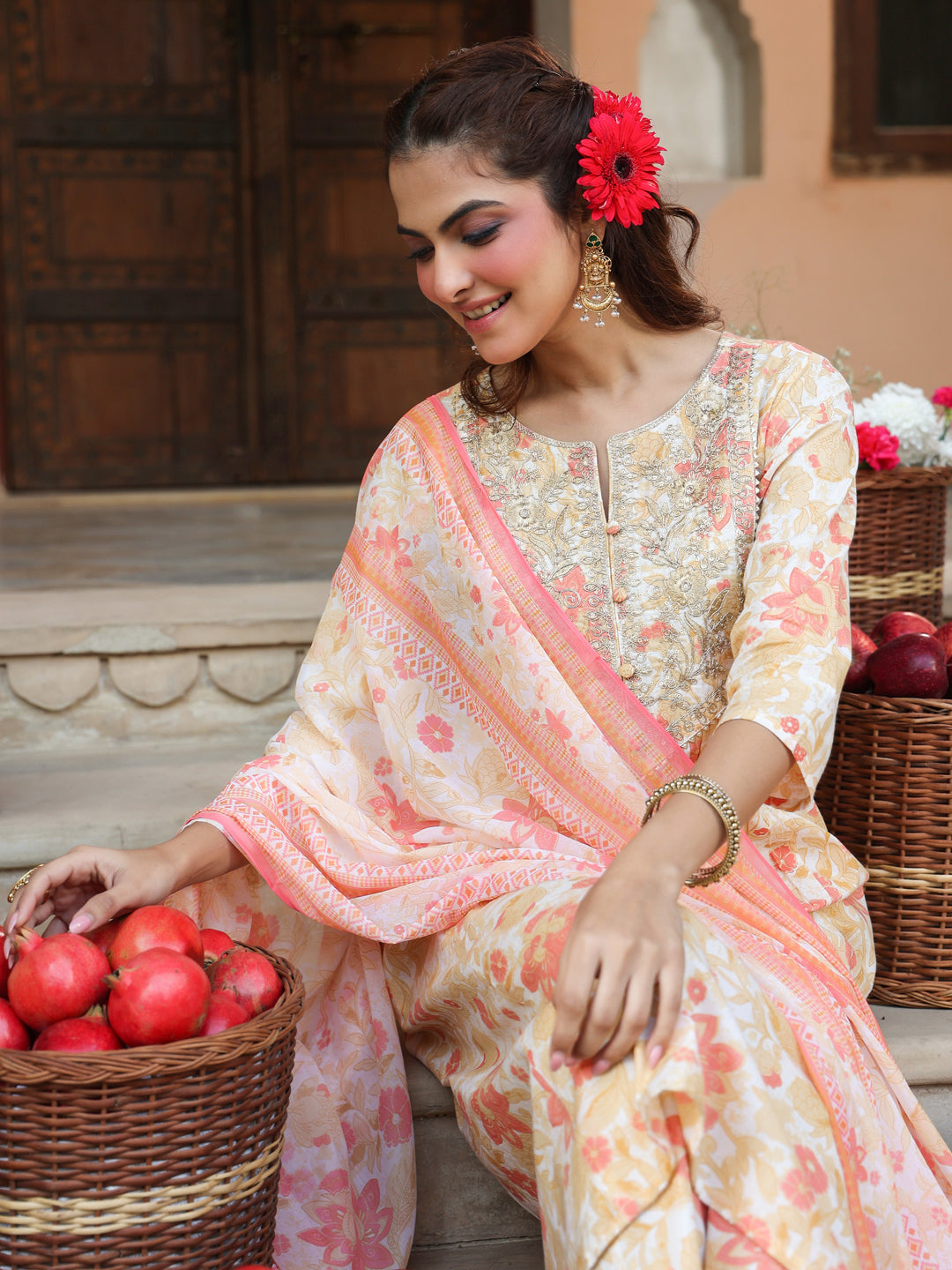 Janasya Light Cotton Floral A-Line Kurta Set | Swadesiicart