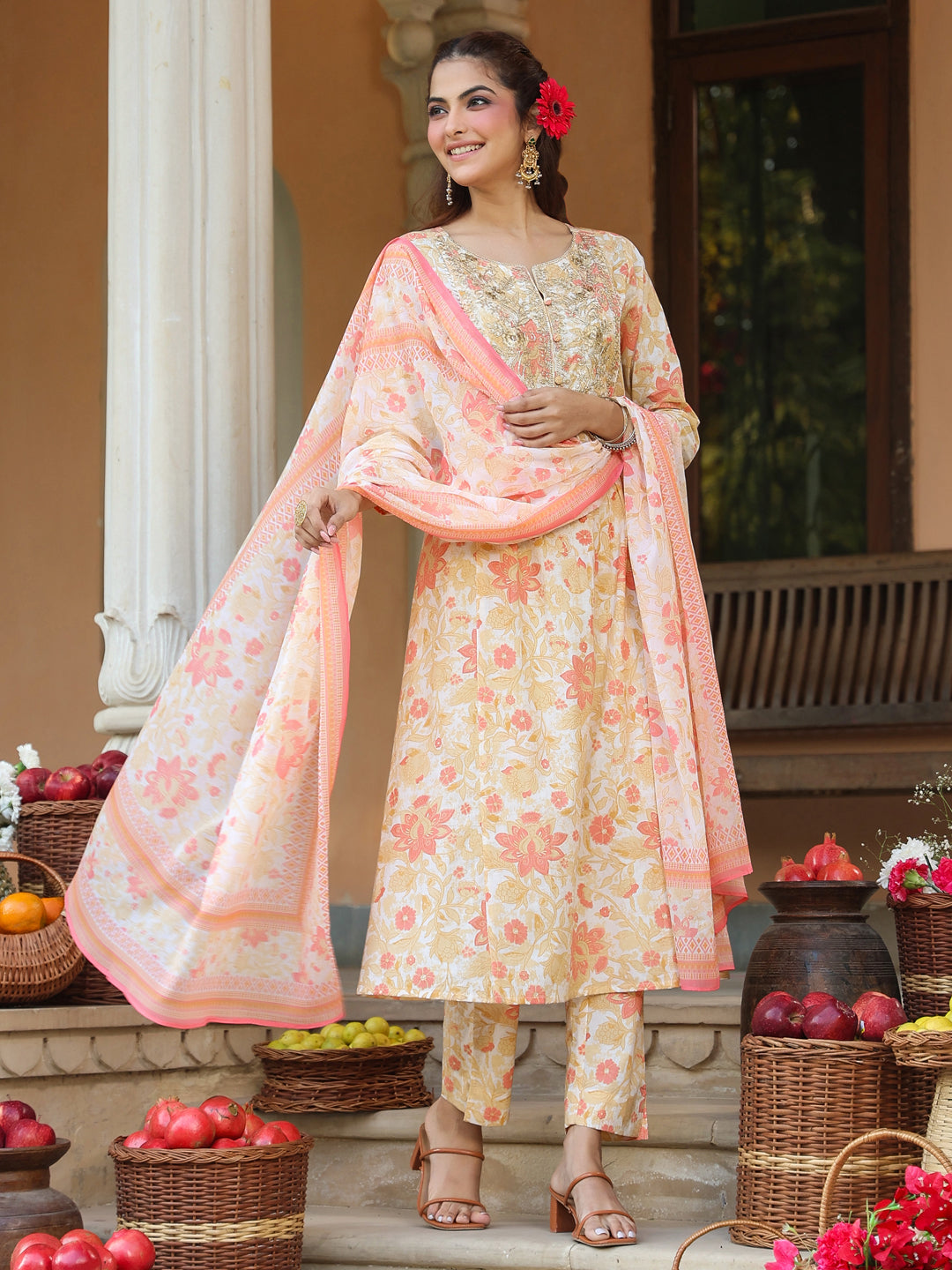 Janasya Light Cotton Floral A-Line Kurta Set | Swadesiicart