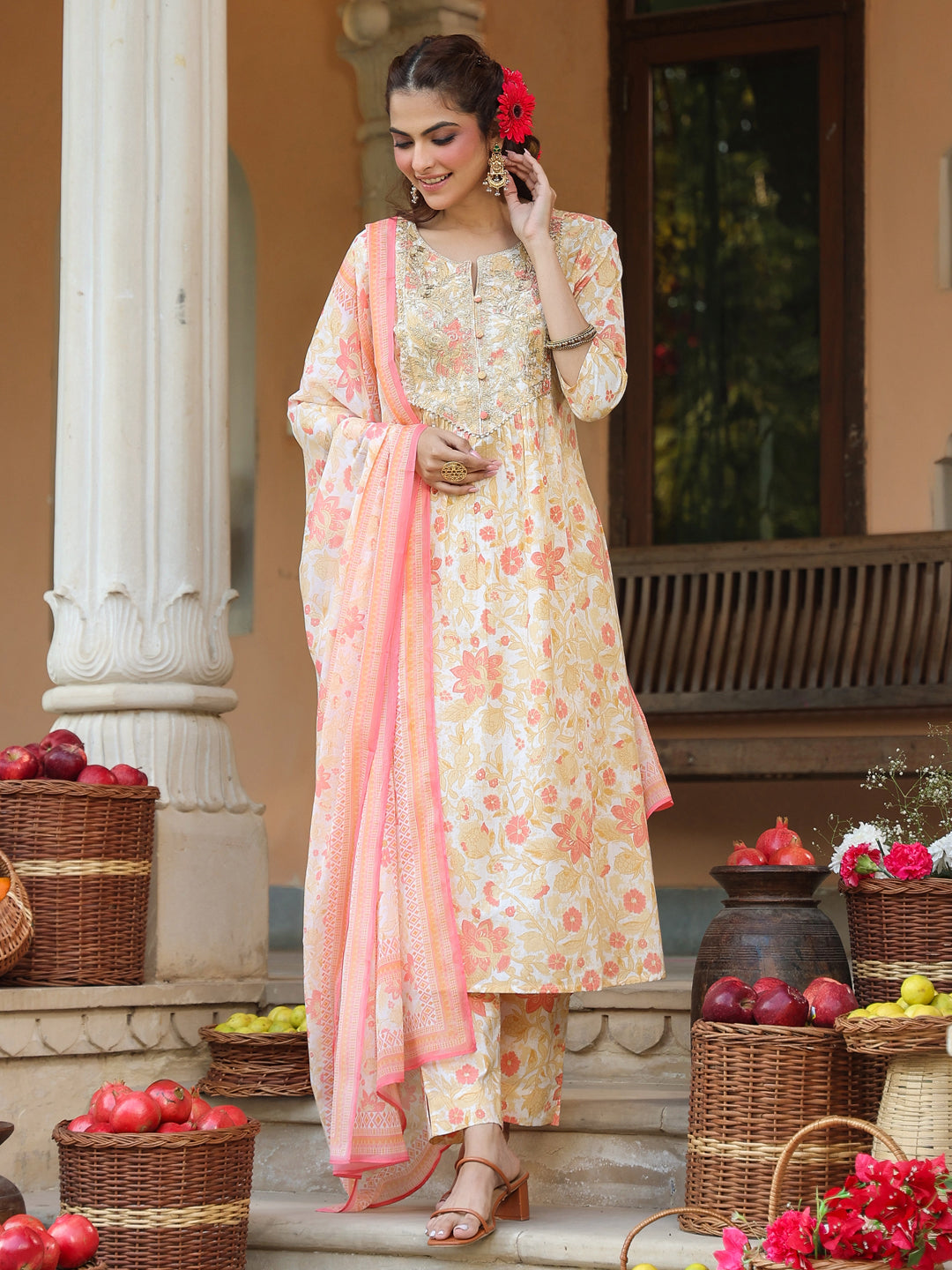 Janasya Light Cotton Floral A-Line Kurta Set | Swadesiicart