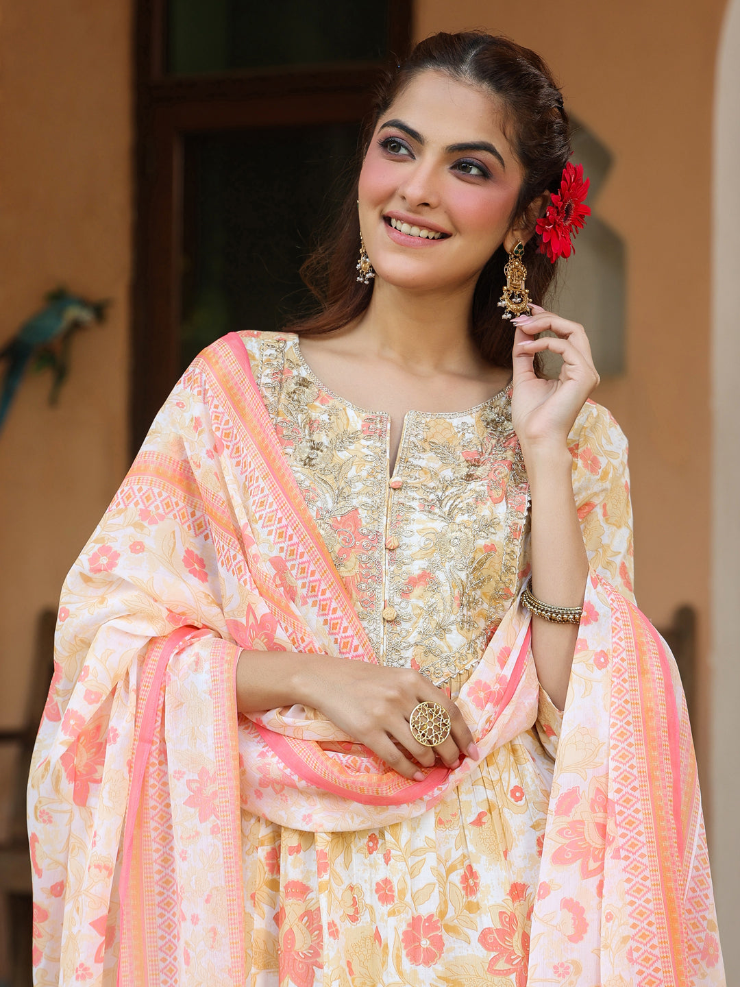 Janasya Light Cotton Floral A-Line Kurta Set | Swadesiicart