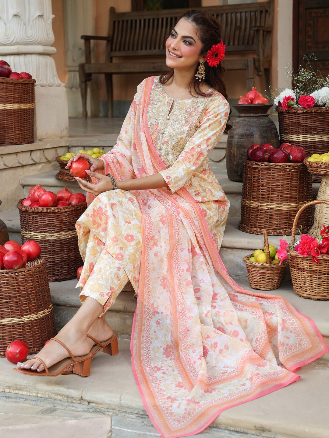 Janasya Light Cotton Floral A-Line Kurta Set | Swadesiicart